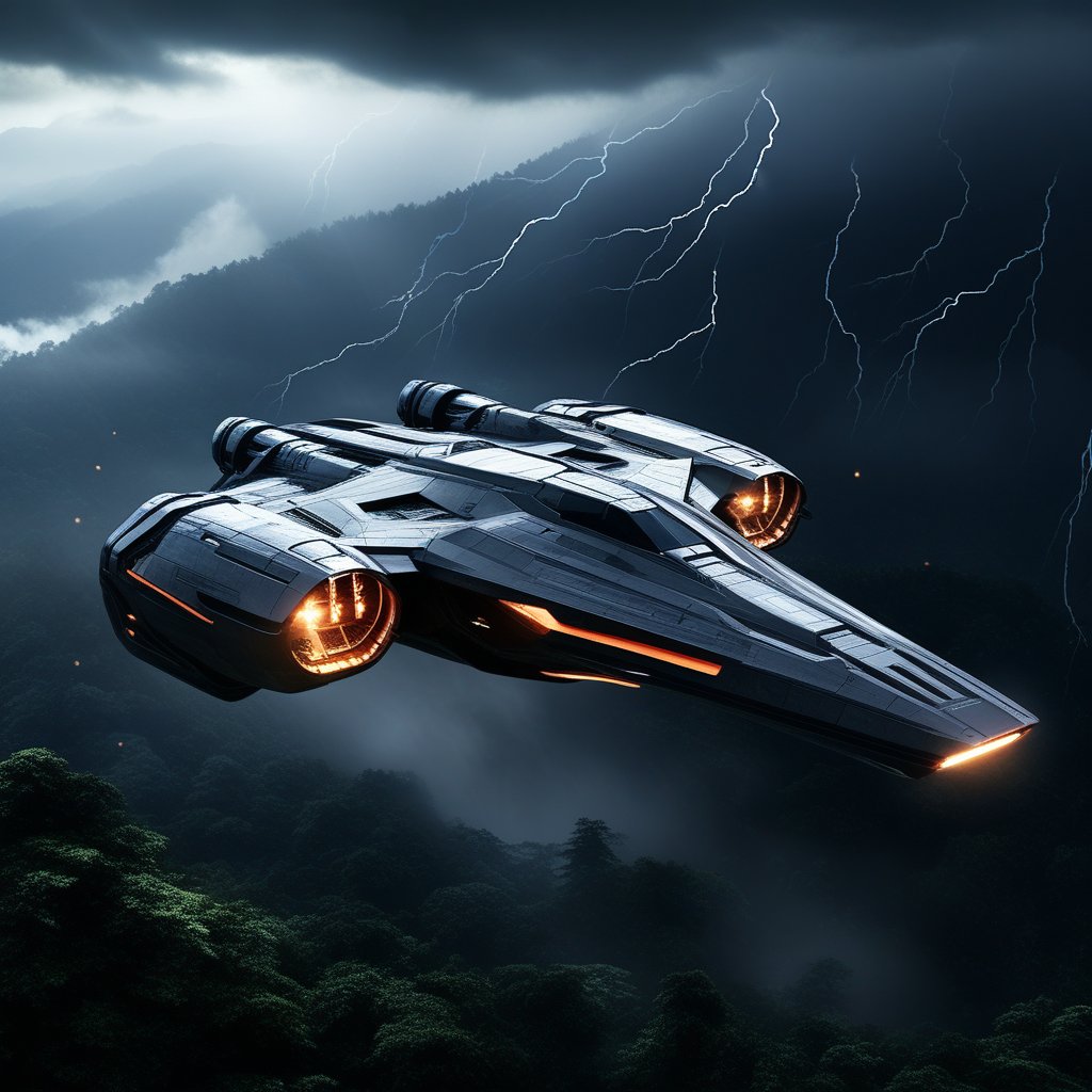 A realistic photo of starship, razor crest \(star wars\),flying over a rain forest at night,rainy,lightning, wings on top,big jet engine on wing tip,canopy on head nose top,,blunt front nose,cannon on head side,front left view,ek_starsh1p,ek_raz0r_cre5t,ek_rcfr0nt_left