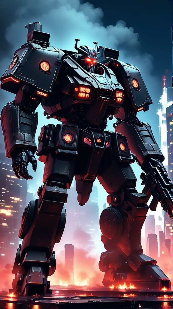 a giant robot \(ek_ct4k\),holding rifle,warhammer 4K style,ek_game_3ffect,dynamic pose,simple background,blurry futuristic city background,smoke,dynamic angle,anime style by ghibli,detailed,ek_ph0t0_b00ster,ek_an1_b00ster,at night,dark