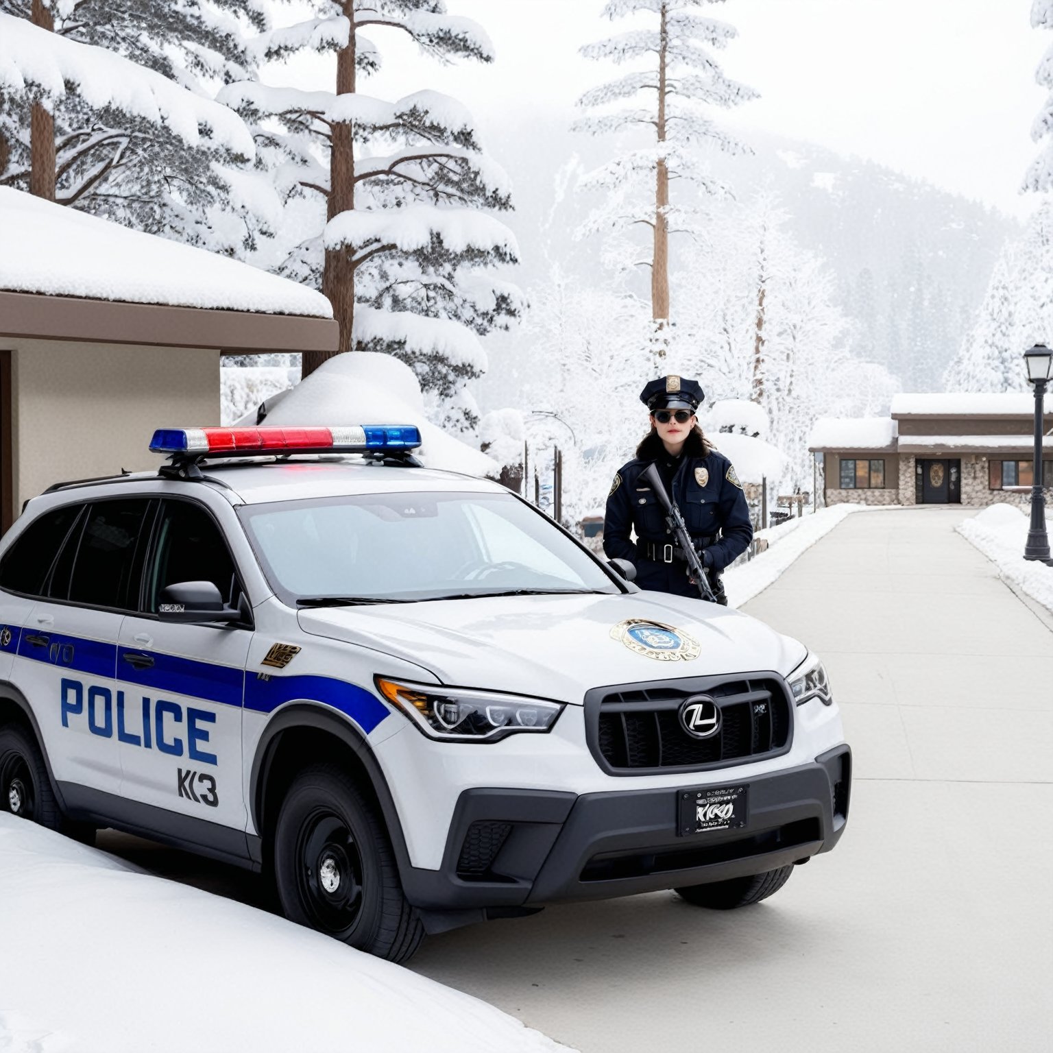 Hyper-Realistic photo of a beautiful LAPD police officer in a winter resort,20yo,1girl,solo,LAPD police uniform,cap,detailed exquisite face,soft shiny skin,smile,looking at viewer,Kristen Stewart lookalike,cap,sunglasses,fullbody:1.3
BREAK
backdrop:winter resort center,snow,road,police car,tree,[cluttered maximalism]
BREAK
settings: (rule of thirds1.3),perfect composition,studio photo,trending on artstation,depth of perspective,(Masterpiece,Best quality,32k,UHD:1.4),(sharp focus,high contrast,HDR,hyper-detailed,intricate details,ultra-realistic,kodachrome 800:1.3),(cinematic lighting:1.3),(by Karol Bak$,Alessandro Pautasso$,Gustav Klimt$ and Hayao Miyazaki$:1.3),art_booster,photo_b00ster, real_booster,w1nter res0rt