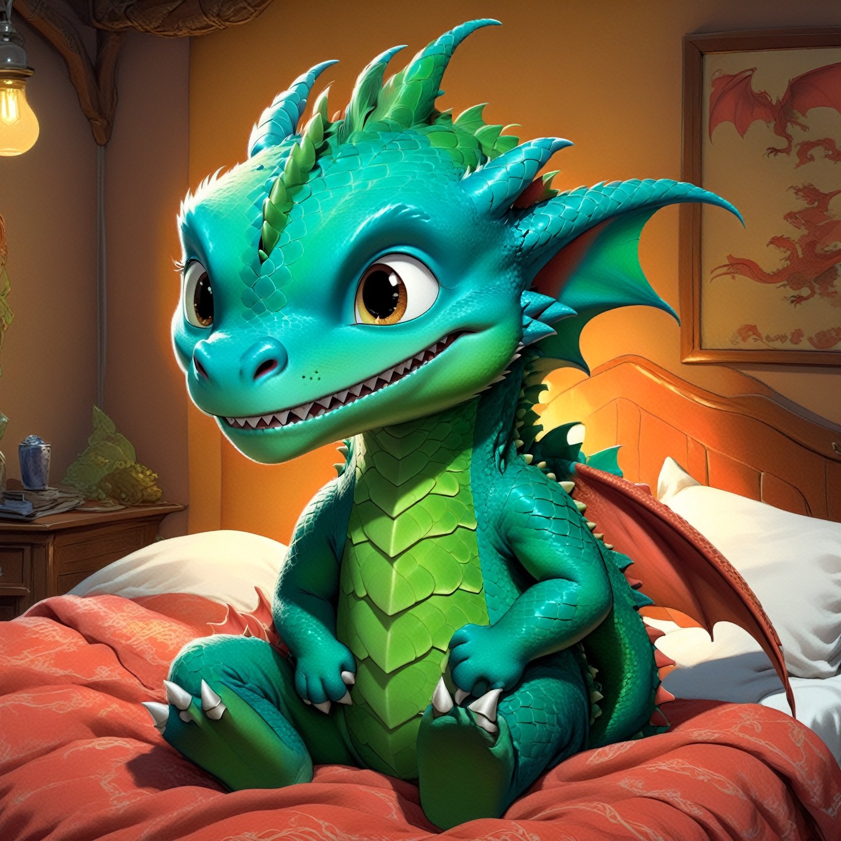 Cartoon: a very cute and young dragon boy,watching TV in the bed,sleepy eyes,pajamas,room  backdrop,chiaroscuro lighting,rule of thirds,depth of perspective,trending on artstation,(hyper-realistic,Ultra-detailed,sharp focus,high contrast,HDR,masaterpiece,RAW photo),(fullbody:1.3),dragon_h,art_booster, real_booster,H effect