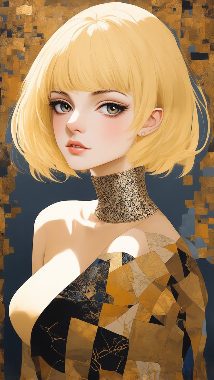 ((Anime Style)) of A sophisticated fashion model girl,short blonde hair,dynamic character,20yo,detailed exquisite face,parody,(patchwork art:1.3),

complex background,dynamic light and shadow,bold high quality,high contrast,Upperbody, vibrant colors,looking at viewer,by Gustav Klimt and [[karol bak]],ek_ptch_art,ek_ani_b00ster,ek_art_b00ster,