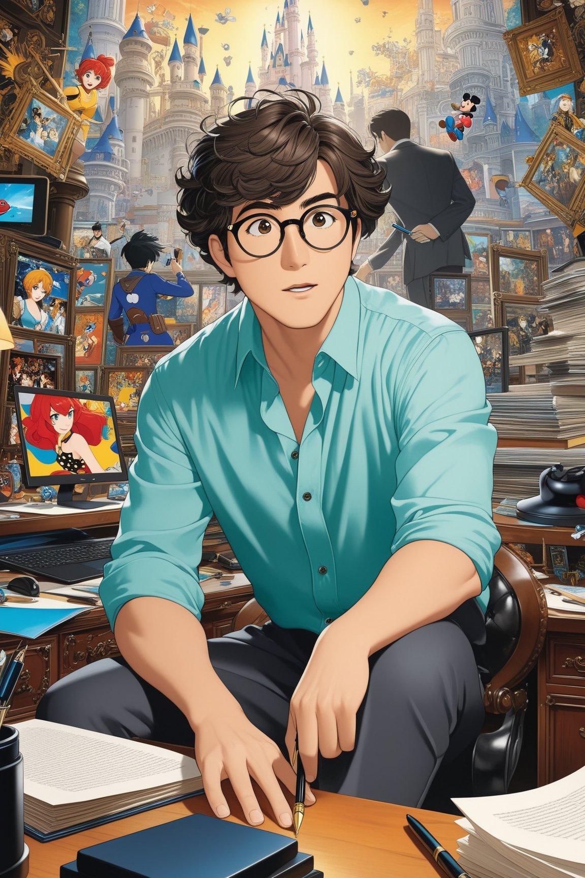 Highly detailed anime of a young businessman sitting in front of a computer in his office,looking excited,short brown hair,brown skin,wearing glasses,wearing an aqua shirt,backdrop of busy office,cluttered maximalism,(Disney Pixar-style:1.3)
BREAK 
(anime vibes:1.3),rule of thirds,studio photo,(masterpiece,best quality,trending on artstation,8K,Hyper-detailed,intricate details,ink and pen),cinematic lighting,by Karol Bak,Antonio López,Gustav Klimt and Hayao Miyazaki,ani_booster,real_booster,art_booster