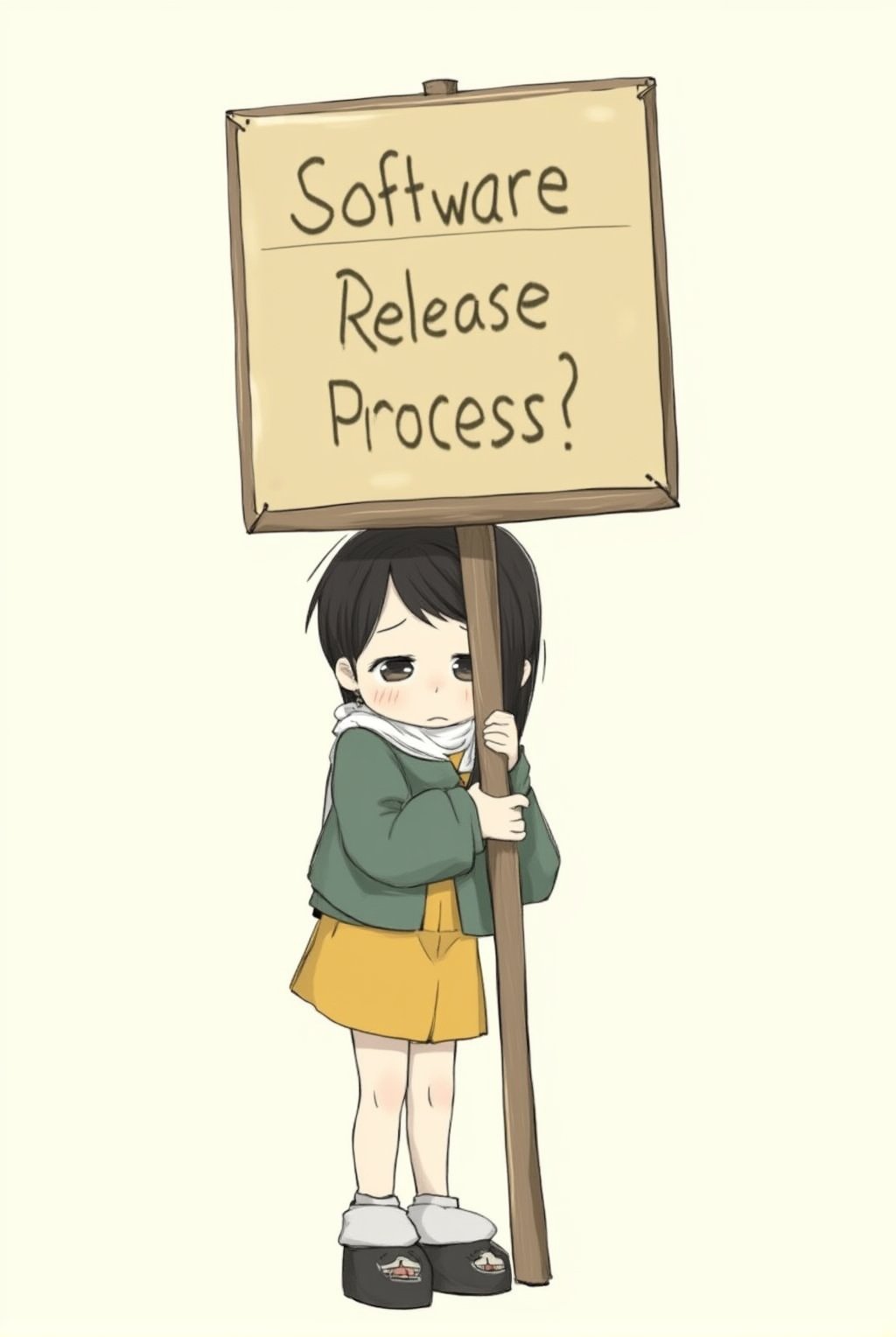 Anime of a cute girl holding a big post sign with text: "Software Release Process?". looking sad,simple background,by the style of Makoto Shinkai's artworks,ek_ph0t0_b00ster,ek_an1_b00ster