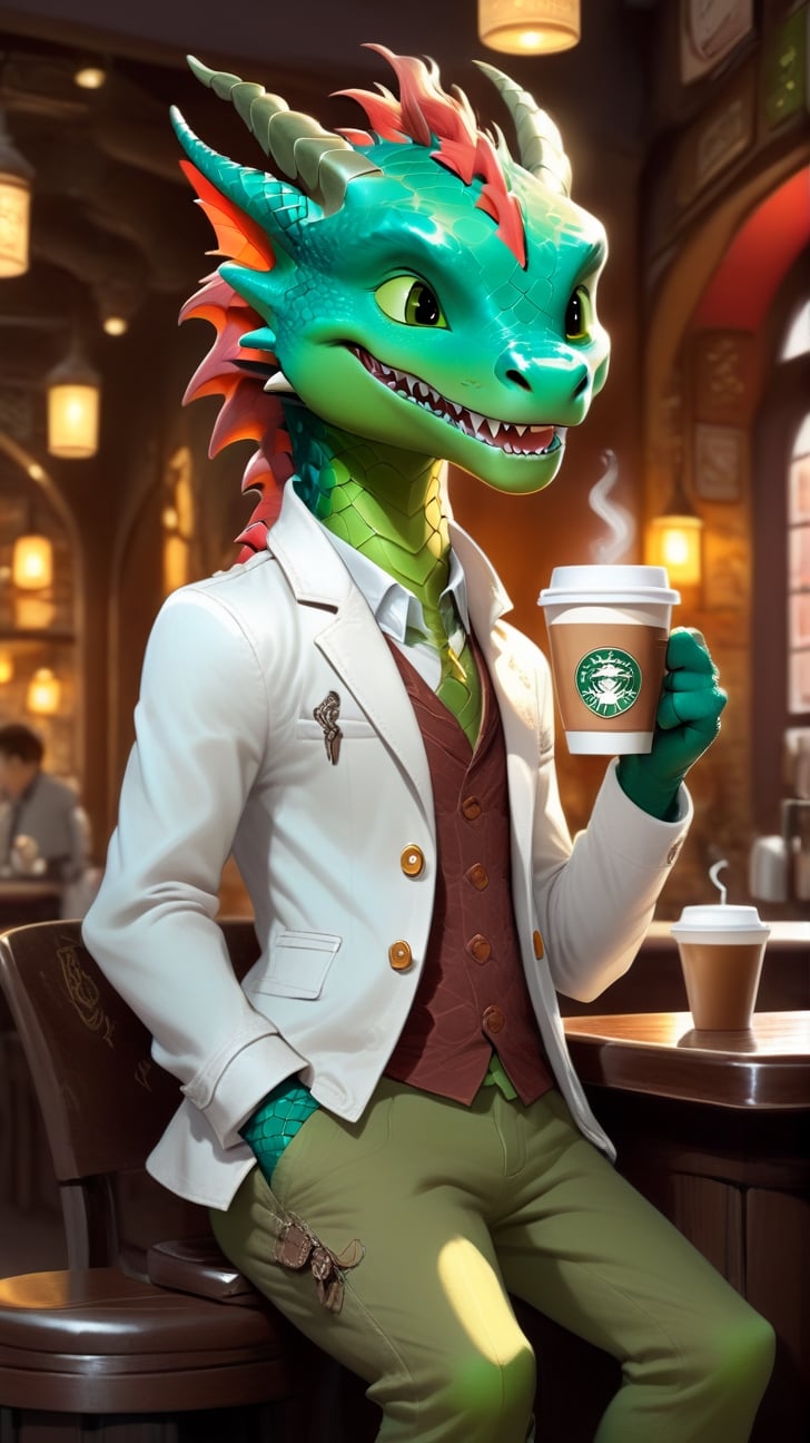 Cartoon: a very cute and young dragon boy,in coffeeshop,drinking coffee,white jacket,cheerful,complex backdrop,cinematic lighting,rule of thirds,depth of perspective,trending on artstation,(fullbody sideshot:1.3),dragon_h,art_booster, real_booster