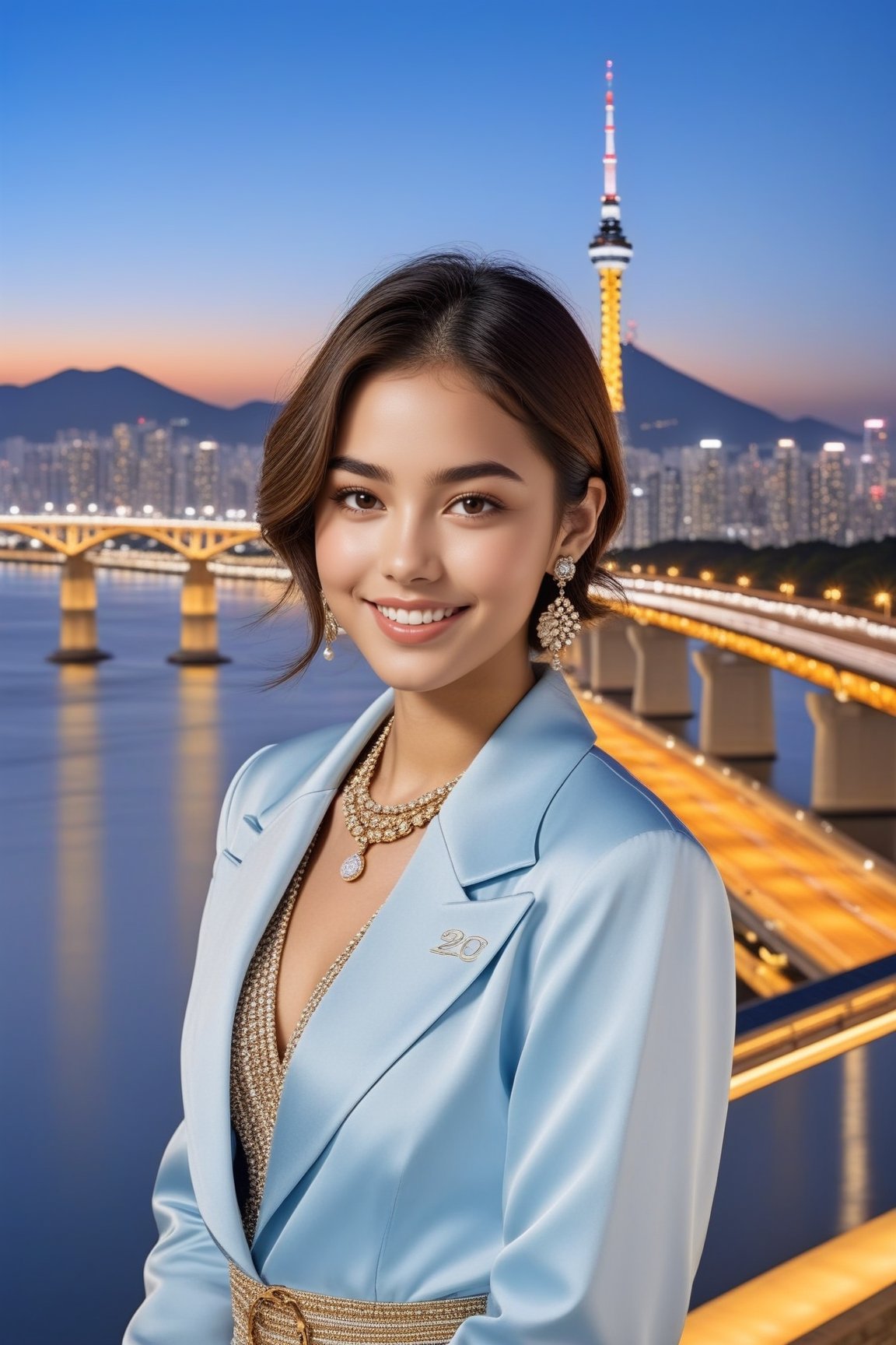 Hyper-Realistic photo of a brazilian girl,20yo,1girl,perfect female form,perfect body proportion,perfect anatomy,baby blue color,elegant jacket,detailed exquisite face,soft shiny skin,smile,mesmerizing, bobcut,small earrings,necklaces,chanel bag
BREAK
(backdrop of a beautiful night scene of Han River in Seoul,Korea,bridge,buildings with lights,Han River,mountain,Namsan Tower),(fullbody:1.2),(heels:1.2)
BREAK
(rule of thirds:1.3),perfect composition,studio photo,trending on artstation,(Masterpiece,Best quality,32k,UHD:1.4),(sharp focus,high contrast,HDR,hyper-detailed,intricate details,ultra-realistic,award-winning photo,ultra-clear,kodachrome vintage:1.25),(chiaroscuro lighting,soft rim lighting:1.15),by Karol Bak,Antonio Lopez,Gustav Klimt and Hayao Miyazaki,photo_b00ster,real_booster,ani_booster,art_booster