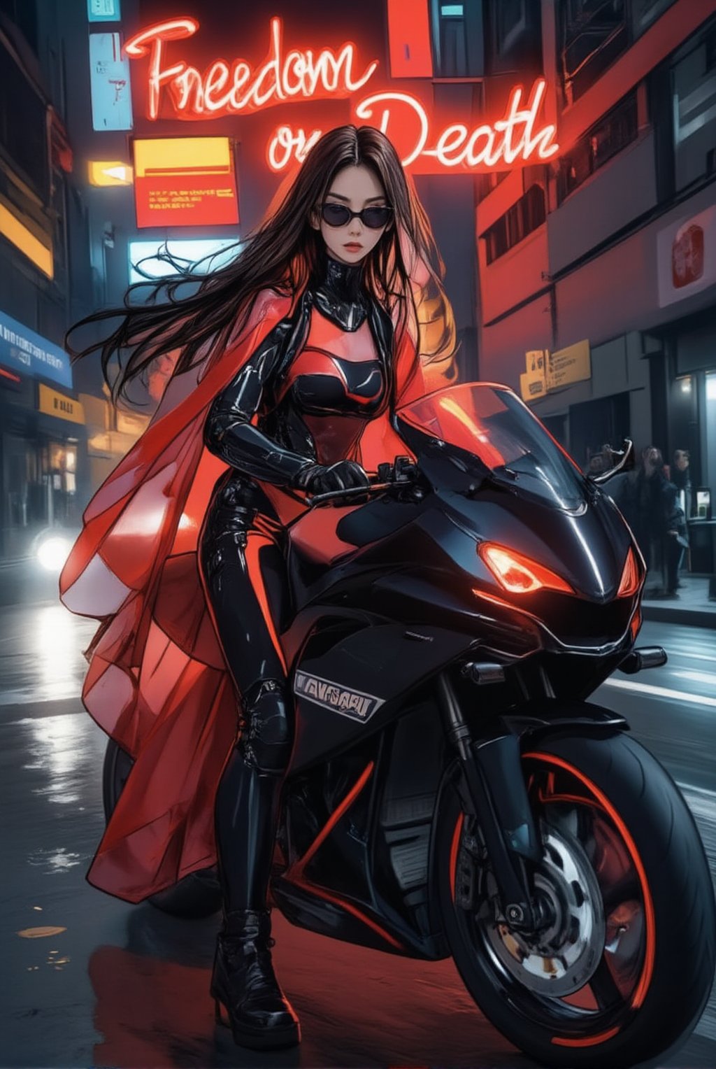 a cyborg girl in mecha armor. Black and red colored armor. neon light lines glowing, exquisite face, soft shiny skin, longhair blowing, sunglasses. riding a motor cycle, kawasaki ninja h2 carbon at high speed,city street backdrop,puddles,focused expression,dark,((Big neon light saying "Freedom or Death" in the background))
BREAK
realistic,detailed,sharp focus,high contrast,rule of thirds,depth of perspective,award-winning photo,chiaroscuro lighting,ek_g1rl_02,ink style