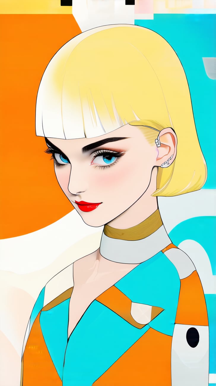 A sophisticated fashion model girl,short blonde hair,dynamic character,20yo,detailed exquisite face,parody,looking at viewer, EmmaWatson lookalike lookalike,patchwork art,cyan and orange colors,ek_ptch_art,ek_ani_b00ster