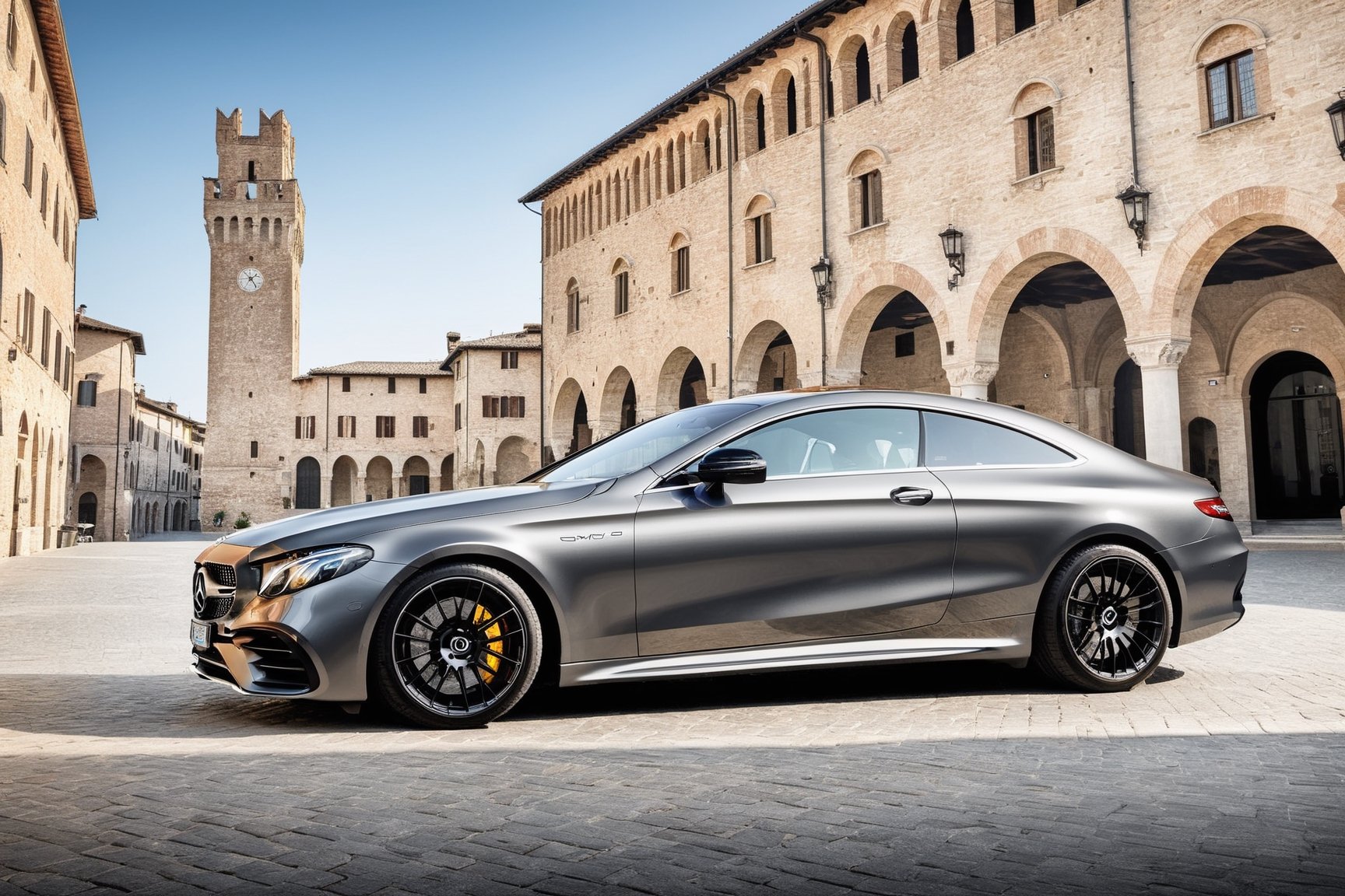 ((Ultra-realistic)) photo of mercedes e53 amg coupe,metallic grey color,shiny spinning wheels,glossy black alloy rims with silver edge,bright turned on head lights
BREAK
[backdrop of (a medieval plaza in Italy), 14th century, (golden ratio), (medieval architecture), (mullioned windows), (brick wall), (tower with merlons), overlooking the plaza],vehicle focus,(wide shot),random angle view
BREAK
rule of thirds,depth of perspective,studio photo,trending on artstation,perfect composition,(Hyper-detailed,masterpiece,best quality,UHD,HDR,32K,sharp focus,high contrast,kodachrome 800:1.3),H effect,photo_b00ster, real_booster,more detail XL,itacstl
