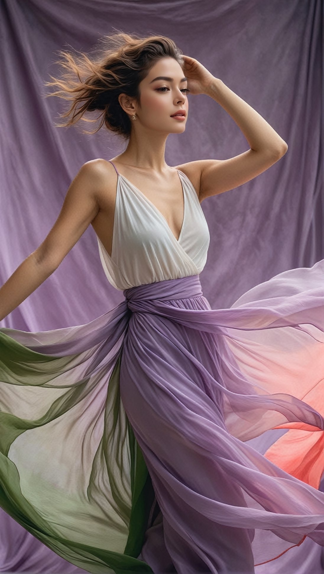 Hyper-Realistic photo of a girl,(20yo),1girl,solo,Sean Young,dancing gracefully, alluring neighbor's wife, clear facial features, perfect female form, model body, simple backdrop, studio photo, (Lilac Purple, Deep Coral, Green Gray, White Canvas color), ethereal chiffon with folds blowing
BREAK
(rule of thirds:1.3),perfect composition,studio photo,trending on artstation,depth of perspective,(Masterpiece,Best quality,32k,UHD:1.4),(sharp focus,high contrast,HDR,hyper-detailed,intricate details,ultra-realistic,award-winning photo,ultra-clear,kodachrome 800:1.3),(chiaroscuro lighting:1.3),by Antonio Lopez, Diego Koi, Karol Bak and Hayao Miyazaki,photo_b00ster, real_booster,art_booster