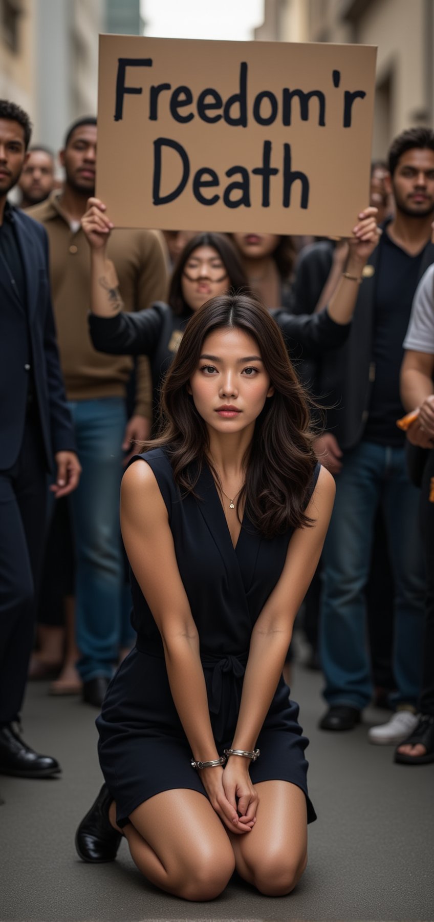 A young woman kneels on the ground, her hands cuffed behind her back, yet her gaze remains fierce and defiant. She wears a determined expression, refusing to show fear even in captivity. Behind her, a passionate crowd holds up a 'Freedomr Death' sign, their faces filled with anger and solidarity. The intensity of the scene captures the spirit of resistance, highlighting the woman’s bravery and the unwavering demand for justice in the face of oppression.
BREAK
detailed exquisite face,soft shiny skin,realistic,detailed,sharp focus,high contrast,rule of thirds,depth of perspective,award-winning photo,chiaroscuro lighting,ek_g1rl_02