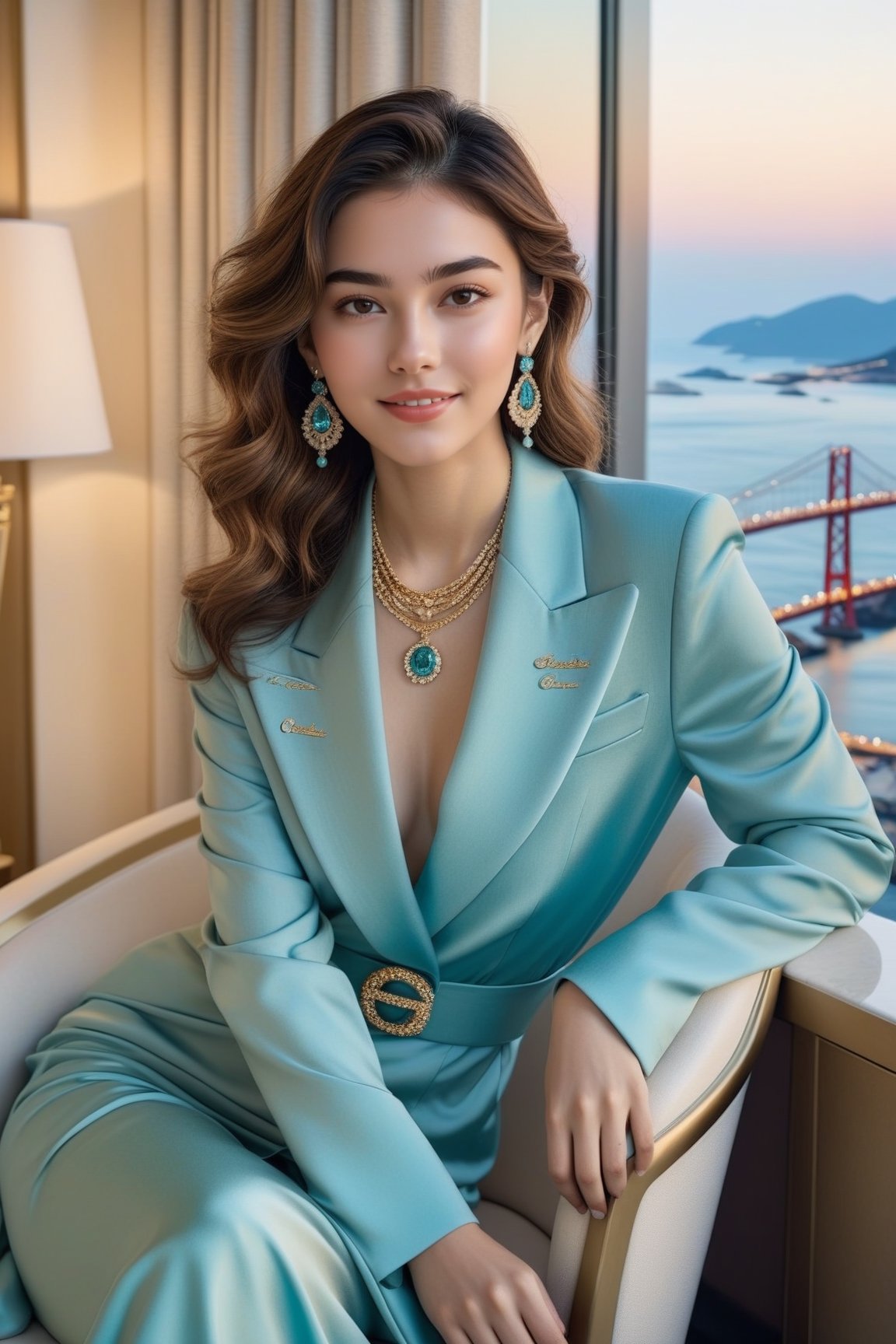 Hyper-Realistic photo of a french girl sitting in a hotel room chair,20yo,1girl,perfect female form,perfect body proportion,perfect anatomy,aqua color,elegant jacket ,detailed exquisite face,soft shiny skin,smile,mesmerizing,disheveled hair,small earrings,necklaces,chanel bag,cluttered maximalism
BREAK
(backdrop of a beautiful night scene of Gwang Ahn Dae Gyo bridge in Busan,Korea,ocean,bridge,table, window,curtain,coffee mug),(fullbody:1.2)
BREAK
(rule of thirds:1.3),perfect composition,studio photo,trending on artstation,(Masterpiece,Best quality,32k,UHD:1.4),(sharp focus,high contrast,HDR,hyper-detailed,intricate details,ultra-realistic,award-winning photo,ultra-clear,kodachrome vintage:1.25),(chiaroscuro lighting,soft rim lighting:1.15),by Karol Bak,Antonio Lopez,Gustav Klimt and Hayao Miyazaki,photo_b00ster,real_booster,art_booster