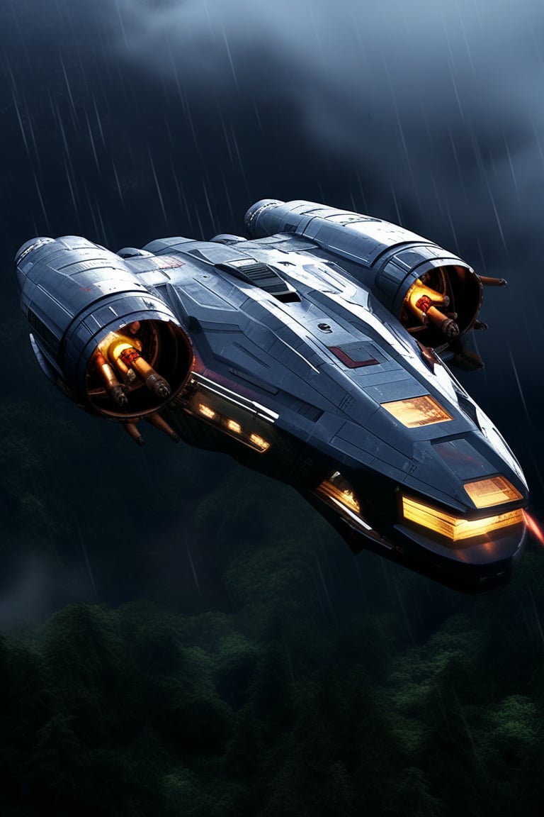 A realistic photo of starship, razor crest \(star wars\),flying over a rain forest at night,rainy,lightning, wings on top,big jet engine on wing tip,canopy on head nose top,,blunt front nose,cannon on head side,front left view,ek_starsh1p,ek_raz0r_cre5t,ek_rcfr0nt_left