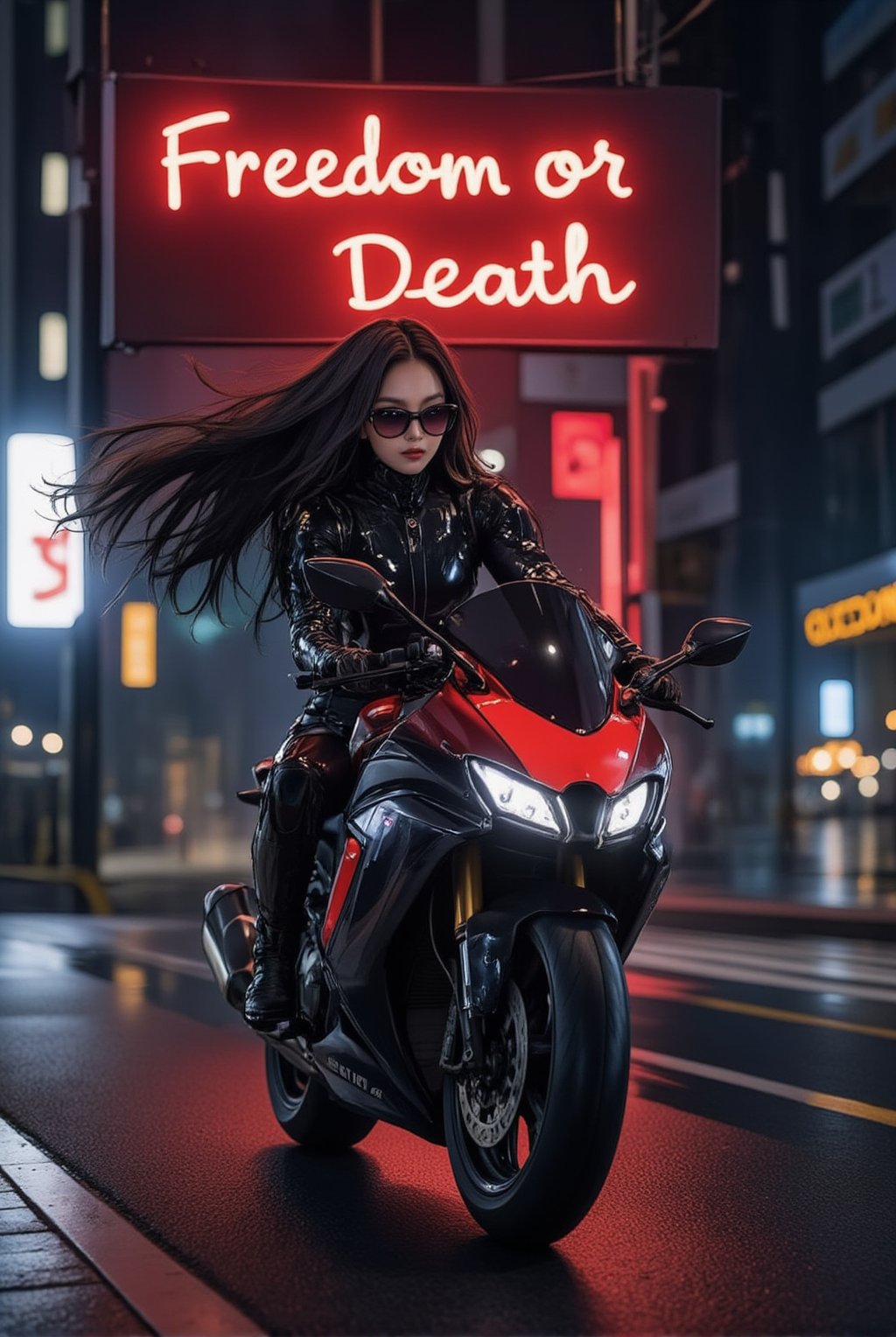 a cyborg girl in mecha armor. Black and red colored armor. neon light lines glowing, exquisite face, soft shiny skin, longhair blowing, sunglasses. riding a motor cycle, kawasaki ninja h2 carbon at high speed,city street backdrop,puddles,focused expression,dark,(((Big neon light saying "Freedom or Death" in the background)))
BREAK
realistic,detailed,sharp focus,high contrast,rule of thirds,depth of perspective,award-winning photo,chiaroscuro lighting,ek_g1rl_02,ink style