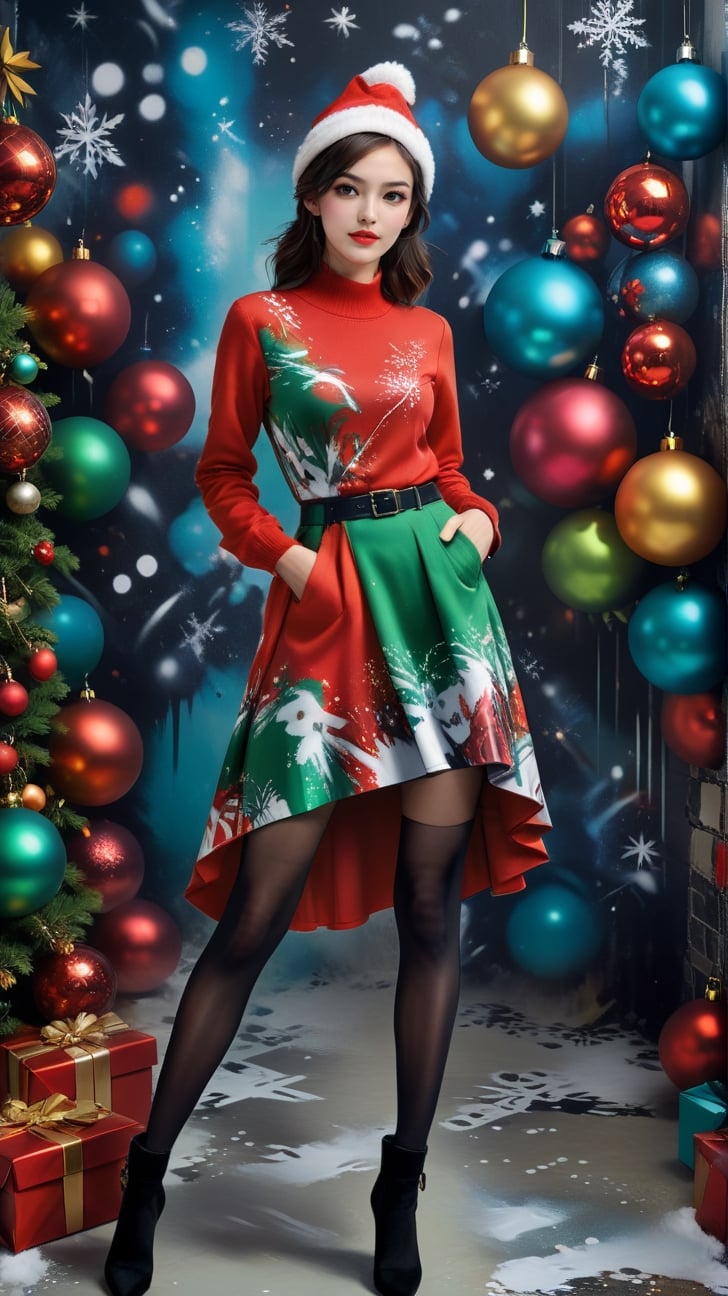 Generate an image of a stylish 23-year-old woman attending a high-class Christmas party with a hint of graffiti-inspired flair. Opting for festive Christmas party attire, she chooses a unique design and color among various outfits that complement the holiday spirit. Infuse the ensemble with a graffiti-style aesthetic, introducing dynamic lines and patterns that add an unconventional and artistic edge. Ensure the look includes modern and chic accessories, placing her in a contemporary setting with urban decor and stylish Christmas decorations for an overall modern, sophisticated, and artistically enriched ambiance.digital painting,song-hyegyo-xl,<lora:659095807385103906:1.0>