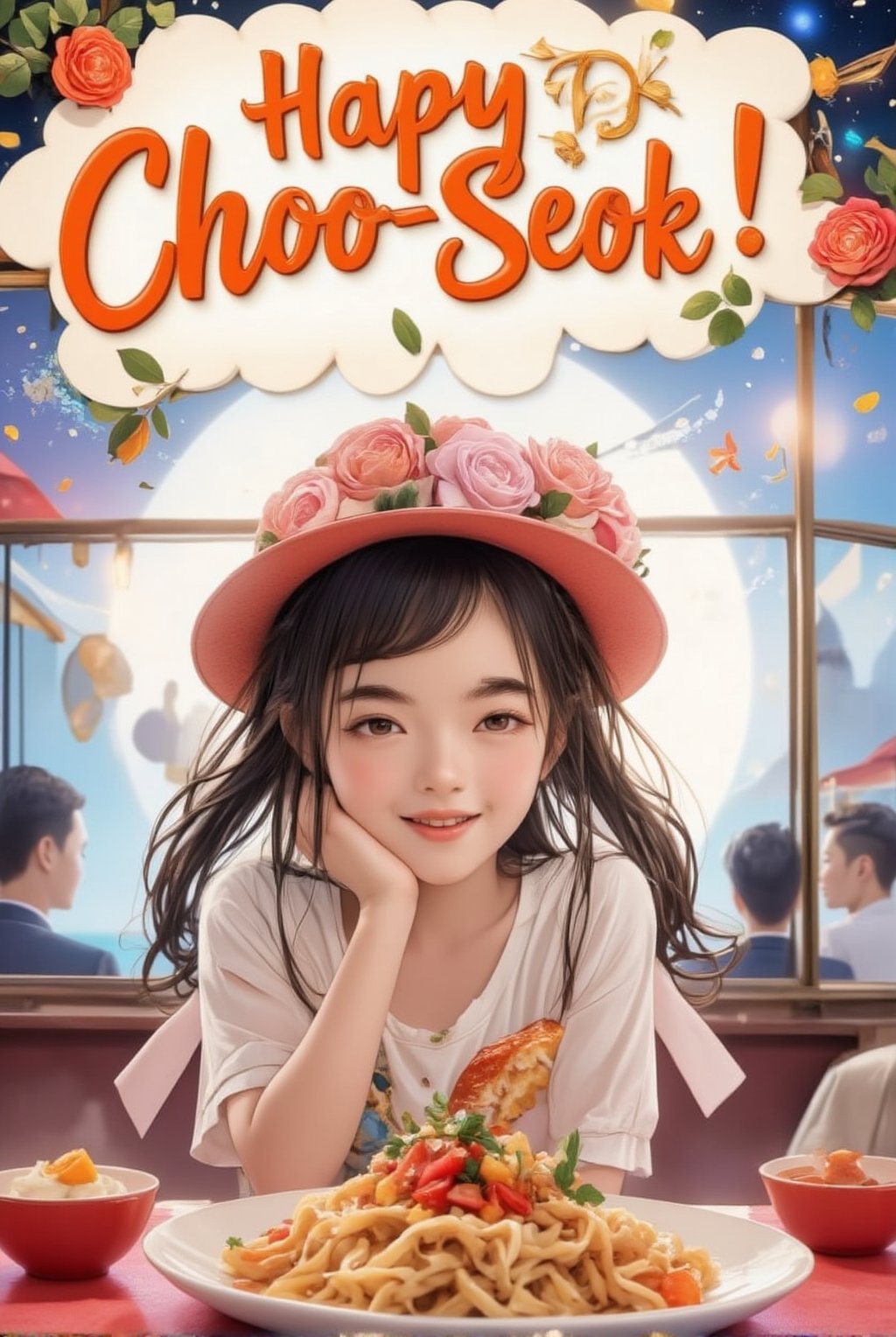 An anime of a cute girl saying "Happy Choo-Seok" in a big word bubble.big smile.delicious food on the table,full moon,beauy_ks01,disney-pixar style,ek_an1_b00ster