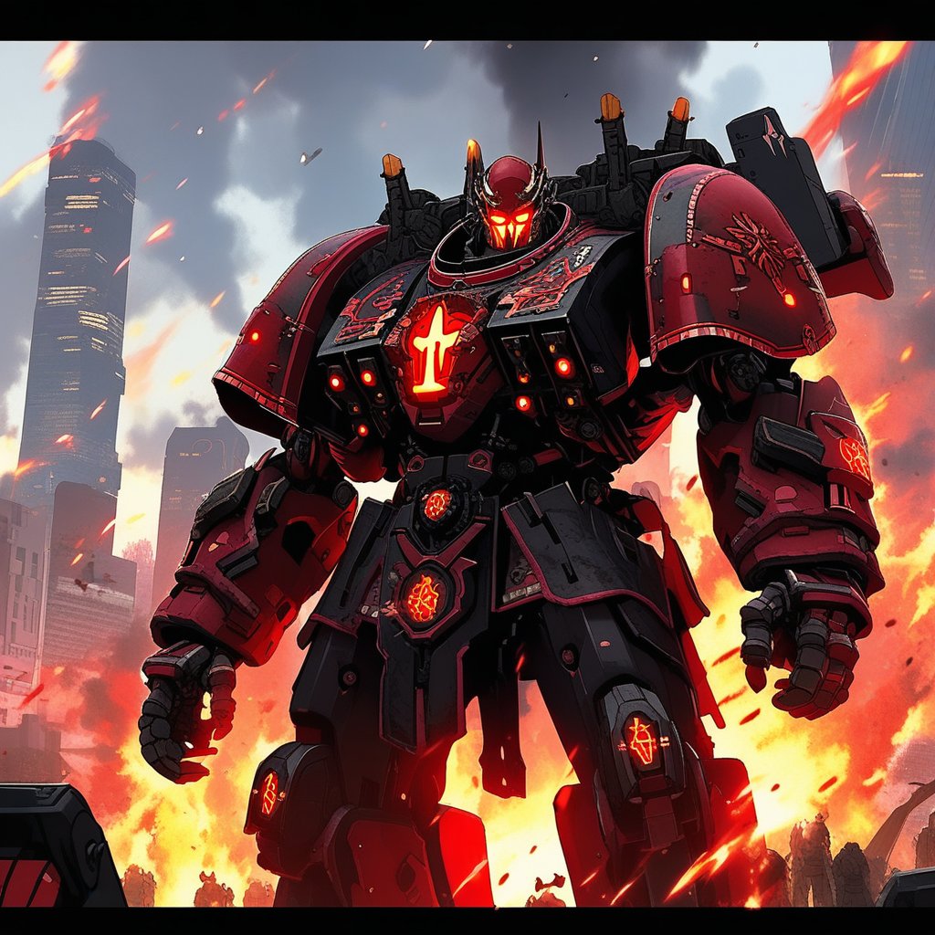 a Warhammer 40k IMPERIUM Skorpek Destroyer \(ek_ct4k\) standing in a battle field,black and red colored armor,ek_game_3ffect,blurry city background,explosion,fire,flame,dynamic angle,anime style by Makoto Shinkai,ek_ph0t0_b00ster, ek_an1_b00ster,upper body shot