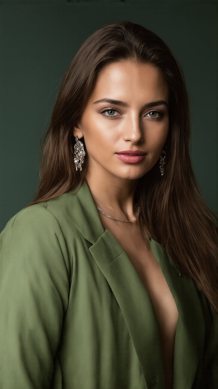 ((Hyper-Realistic)) upper body photo of a beautiful girl in photo studio,(20yo),1 girl,solo,French girl,detailed exquisite face,soft shiny skin,lipstick,blue eye lid make-up,looking at viewer,long brunette hair flowing over her shoulder naturally,perfect female form,playful smirks,mesmerizing,earrings, necklace,elegant jacket,(Modern Green,Hazel Brown and Cream color),night,(dark:1.2),blue background,cluttered maximalism
BREAK
settings:(rule of thirds),perfect composition,depth of perspective,(masterpiece,best quality,32K,UHD 32K,HDR,untra-detailed,intricate details,hyper-realistic,award-winning photo,Kodachrome 800:1.2),(chiaroscuro lighting:1.2)
BREAK
(by Antonio Lopez,Diego Koi,David Parrish,Sebastiao Salgado and Steve McCurry), ek_real_b00ster,ek_art_b00ster,ek_ani_b00ster,ek_photo_booster