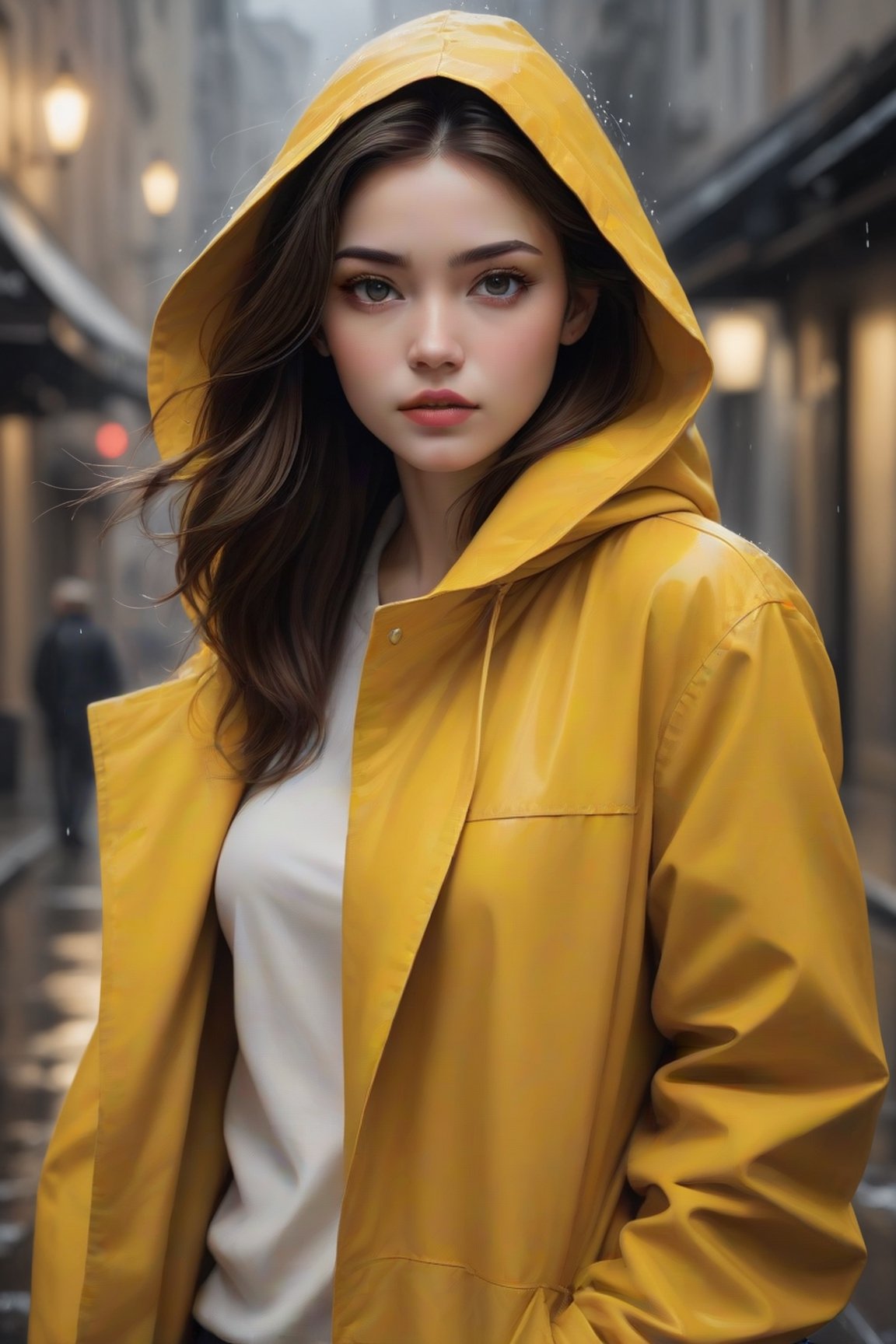 Generate an artisvic vision of watercolor portrait of a beautiful girl in a yellow raincoat,20yo,walking in a dark raining street.fullbody.graffiti style.(Rough strokes).Mystical.Mysterious.Ethereal.Dim lights in the street.Dark and Hazy background.puddles.rain.fog. spotlight on her face.low key.(chiaroscuro lighting),blurry backdrop.BREAK rule of thirds,depth of perspective,perfect composition,impressionism,clear facial features,perfect hands,aesthetic minimalism,painterly,by Karol Bak,Alessandro Pautasso and Hayao Miyazaki, real_booster, art_booster