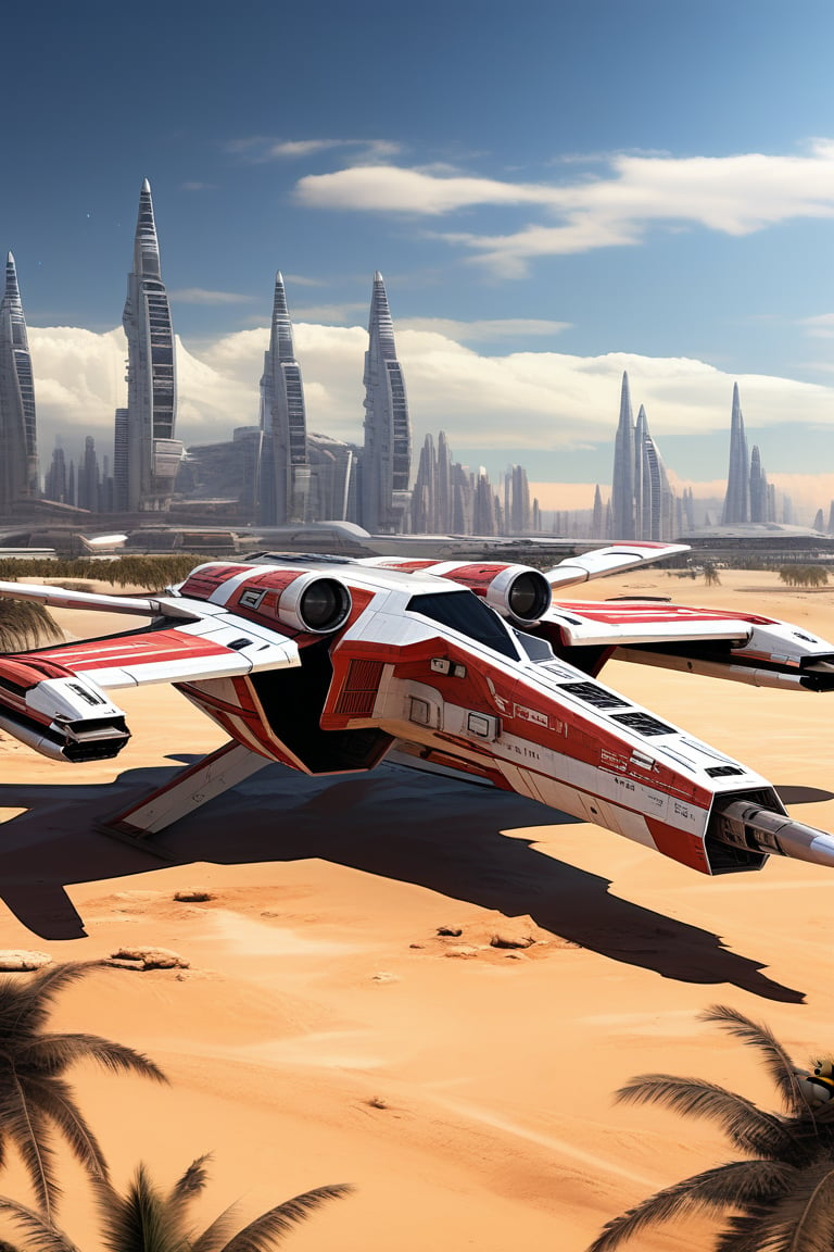 A realistic photo of starship x-wing starfighter in Star Wars universe,red striped body,parked on ground with ((stands)) on desert,wings folded,laser cannons at each wing tip,engines located at wing root,
backdrop:desert,sand,palm tree,,sky,cloud,cityscrapes,front left view,R2 D2 walking around next to the ship,
ek_starsh1p,ek_xw1ng,ek_xwf1,realistic,detailed,sleek shiny aircraft