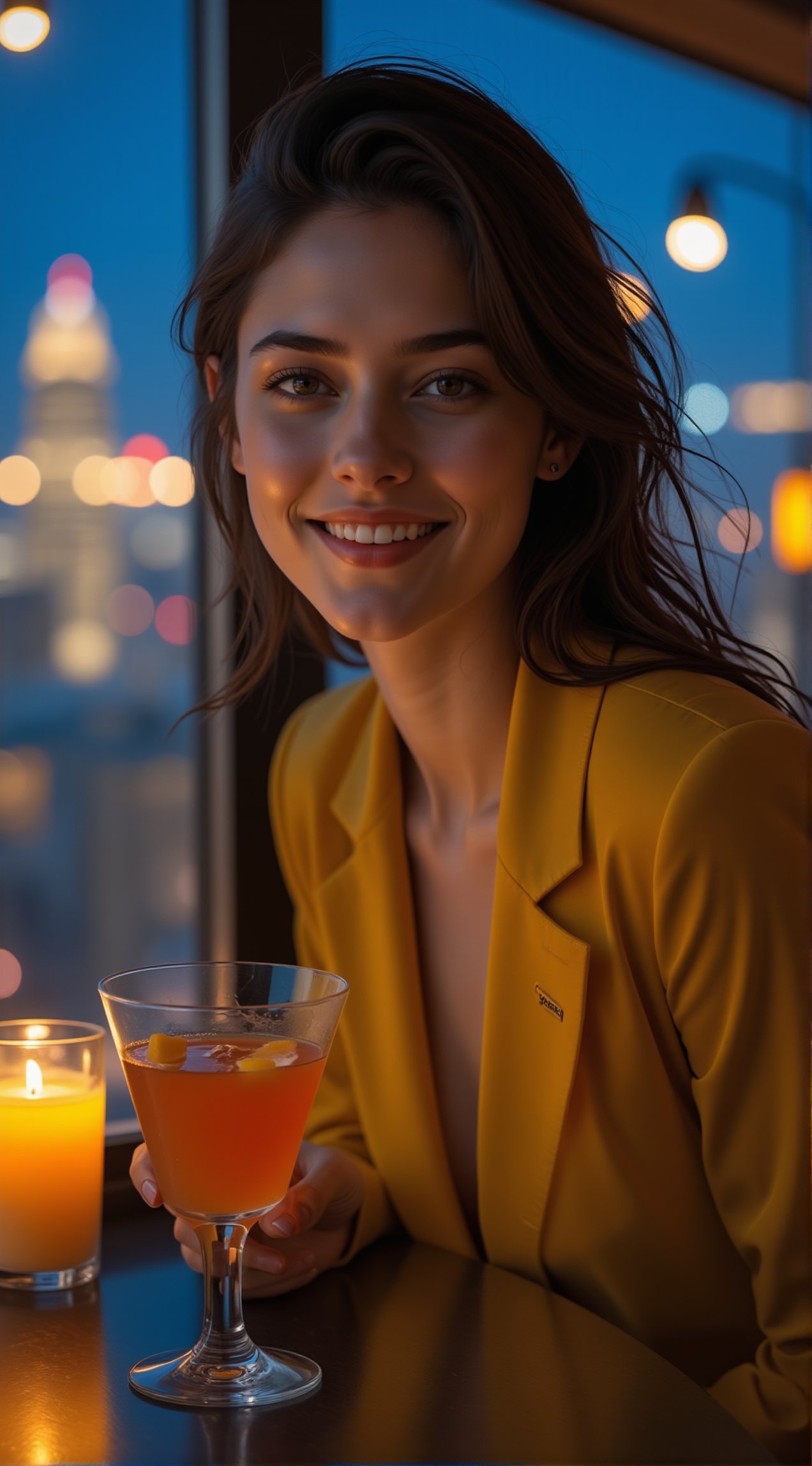 a beautiful girl,exquisite face,soft shiny skin,smile,wearing urban high fashion style,in a skyview cafe at night,cocktail,dessert,city scrapes,chiaroscuro lighting,[cobalt blue and yellow colors],round chin no dimple,ek_art_b00ster,beauy_ks01