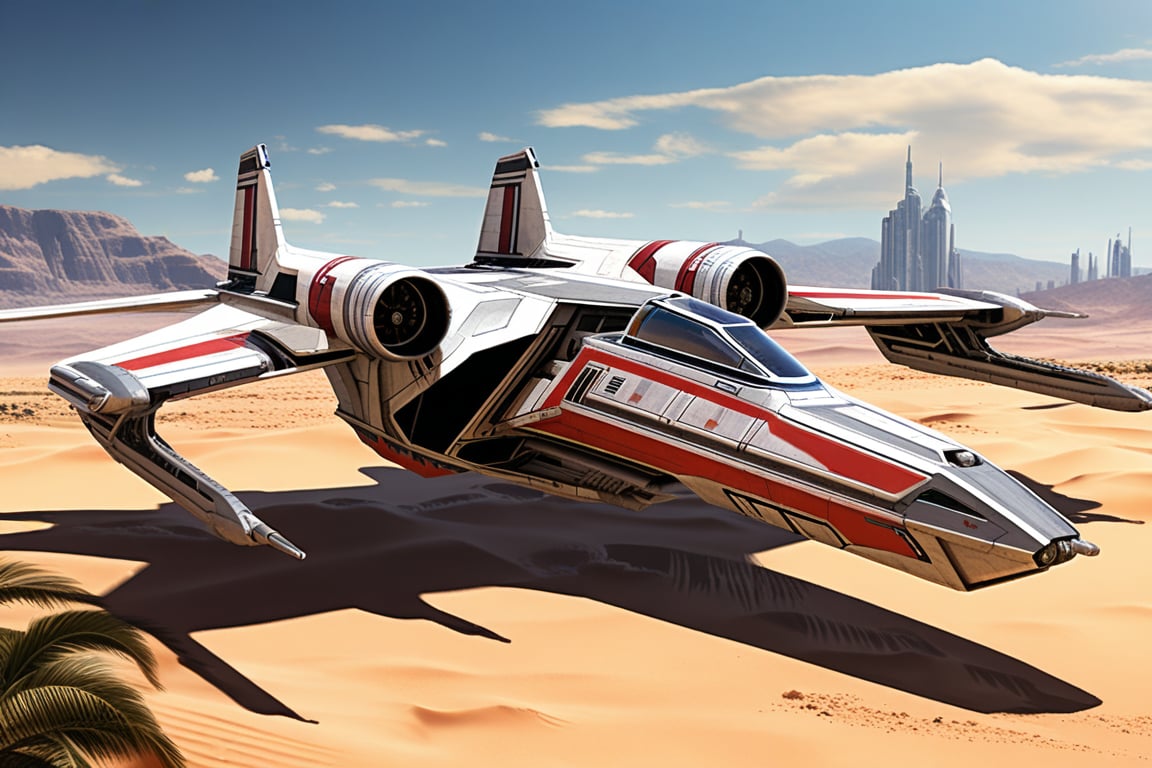 A realistic photo of starship x-wing starfighter in Star Wars universe,red striped body,parked on ground with ((stands)) on desert,wings folded,laser cannons at each wing tip,engines located at wing root, backdrop:desert,sand,palm tree,,sky,cloud,cityscrapes,front left view,R2 D2 walking around next to the ship, ek_starsh1p,ek_xw1ng,ek_xwf1,realistic,detailed,sleek shiny aircraft