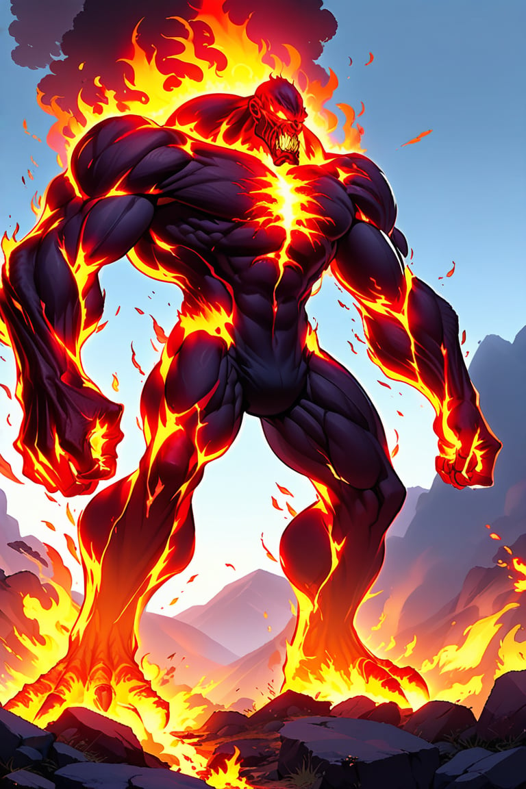 a fire giant \(ek_ge1frt\),good superhero style,roaring,open mouth,ek_game_3ffect,dynamic pose,simple background,blurry hilltop background,smoke,dynamic angle,anime style by makoto shinkai,detailed,ek_ph0t0_b00ster,ek_an1_b00ster