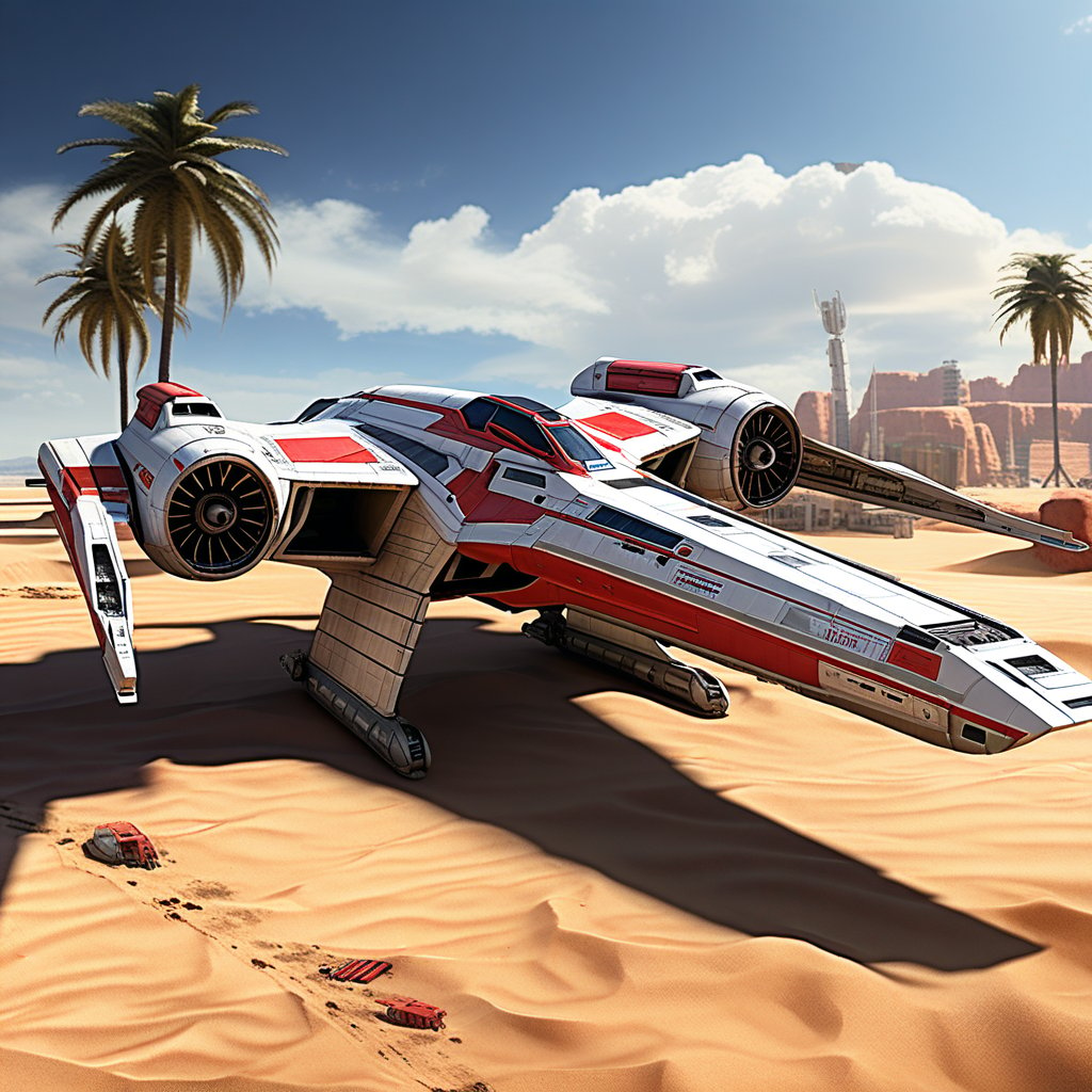 A realistic photo of starship x-wing starfighter in Star Wars universe,red striped body,parked on ground with ((stands)) on desert,wings folded,laser cannons at each wing tip,engines located at wing root,
backdrop:desert,sand,palm tree,,sky,cloud,cityscrapes,front left view,R2 D2 walking around next to the ship,
ek_starsh1p,ek_xw1ng,ek_xwf1,realistic,detailed,sleek shiny aircraft