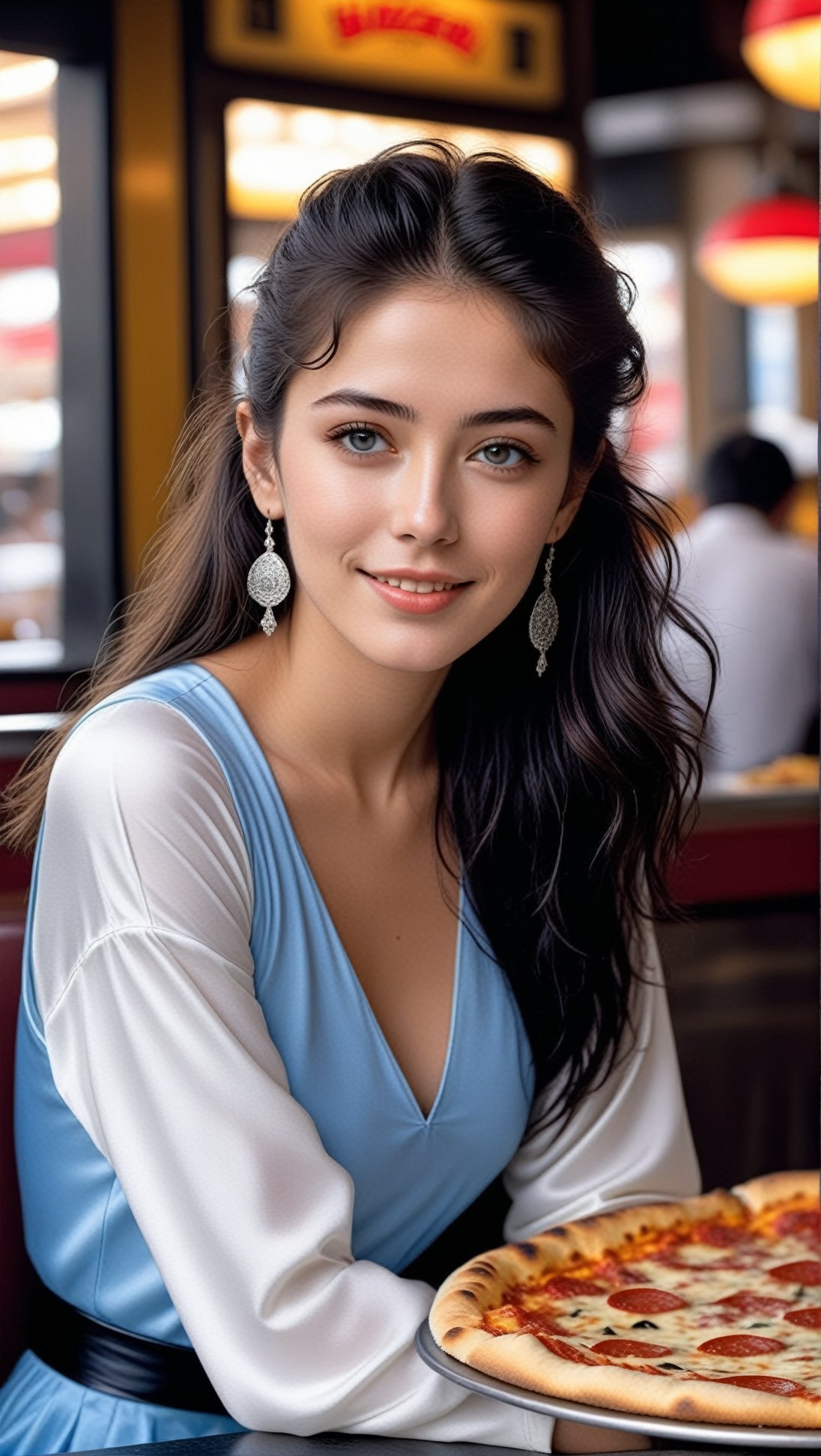 Hyper-Realistic photo of a girl sitting in a pizza restaurant,20yo,1girl,solo,Sean Young \(in Blade Runner\),detailed exquisite face,detailed soft shiny skin,lips,smile,perfect female form,looking at viewer,long black hair,[Baby Blue and White colors],elegant outfit,close up
BREAK
backdrop of beautiful restaurant,table,pizza,beer mug,(girl focus)
BREAK
(rule of thirds:1.3),perfect composition,studio photo,trending on artstation,depth of perspective,(Masterpiece,Best quality,32k,UHD:1.4),(sharp focus,high contrast,HDR,hyper-detailed,intricate details,ultra-realistic,award-winning photo,ultra-clear,kodachrome 800:1.3),(chiaroscuro lighting:1.3),by Antonio Lopez, Diego Koi,Karol Bak and Hayao Miyazaki,photo_b00ster, real_booster,art_booster