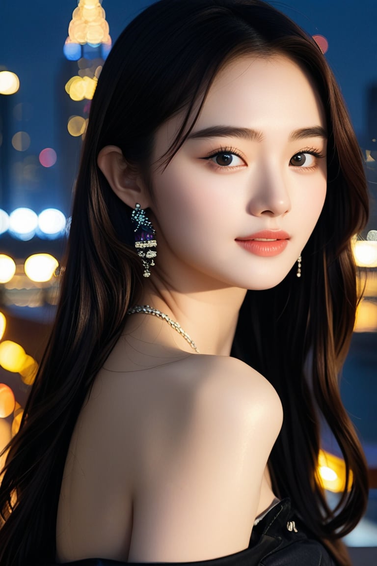 hyper realistic photo of a beautiful girl,20yo,detailed exquisite face,soft shiny skin,Chinese girl,long and natural brunette hair styled impeccably reflecting modern urban trends,Dakota Fanning lookalike,perfect female form,model body,elegant urban fashion,earrings and necklaces, backdrop:cityscape,window,night,lights,[modern green,yellow and cream colors],dark:1.2,chiaroscuro lighting, ek_ph0t0_b00ster,ek_game_3ffect,ek_real_b00ster