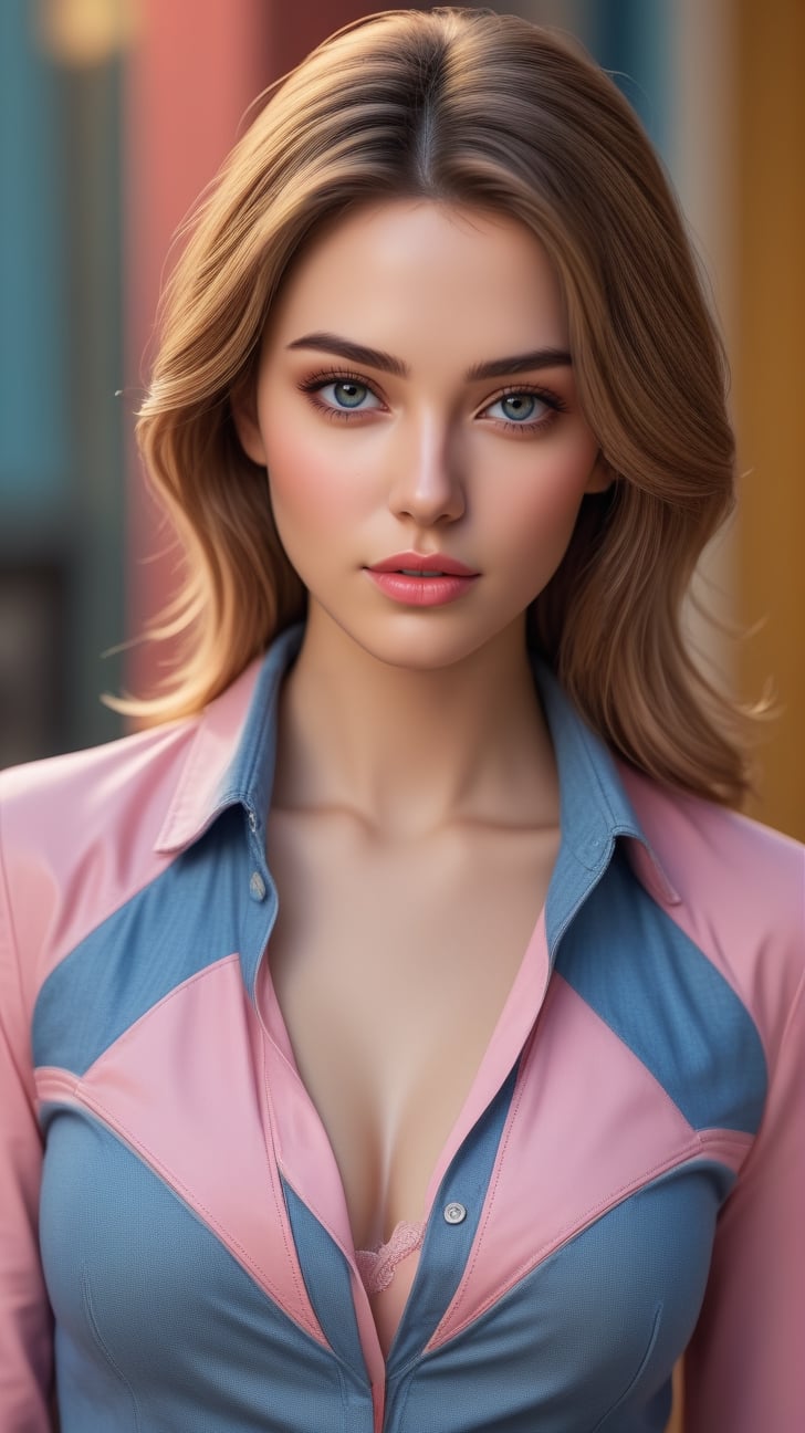 realistic portrait of a beautiful woman,20yo,alluring neighbor's wife,detailed exquisite symmetric face,soft shiny skin,sharp high nose,dishelved hair,hourglass figure,perfect female form,slim and tall model body,perfect in every way,elegant jacket on shirt,bokeh backdrop, Coral Pink, Mustard Yellow, Grayish Blue colors,studio photo,cinematic lighting,trending on artstation,rule of thirds,(highly detailed,ultra realistic,sharp focus,high contrast,HDR,RAW photo:1.2),(cowboy shot:1.2),art_booster,<lora:659095807385103906:1.0>