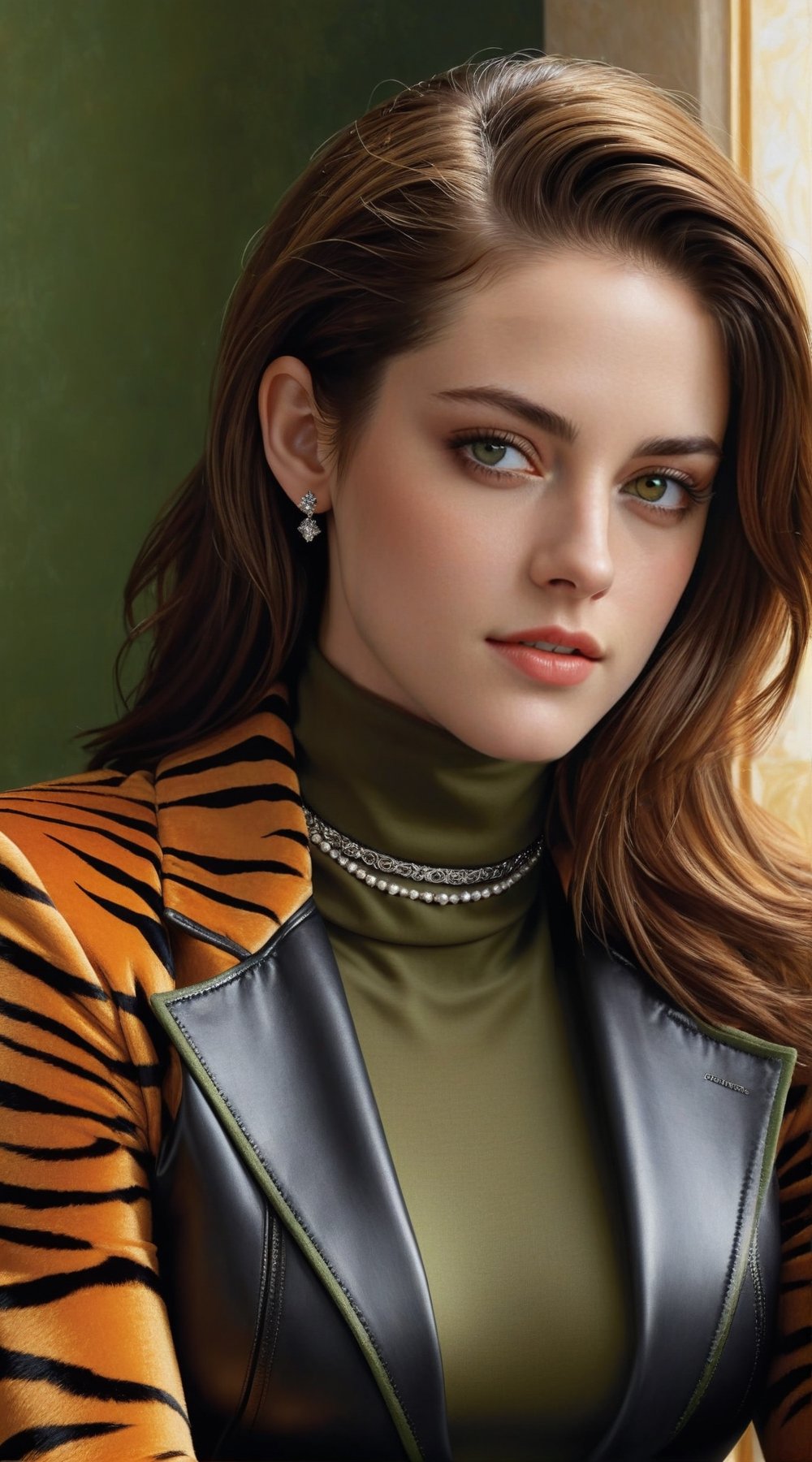 ((Hyper-realistic)) half body portrait of a beautiful woman sitting in a luxury cafe,alluring neighbor's wife,23yo,(Kristen Stewart),body model portrait,clear facial features,perfect body,perfect in every way,playful smirks,seductive eyes,detailed soft shiny skin,detailed exquisite eyes,detailed hair,elegant jacket on (turtleneck) shirt,detailed textures and reflection on clothes,jewelry,(Persian Orange, Tiger Eye, Olive Green color),rule of thirds,chiaroscuro lighting,soft rim lighting,key light reflecting in the eyes,highly detailed complex backdrop,by Antonio López,Canaletto and David Parrish,art_booster