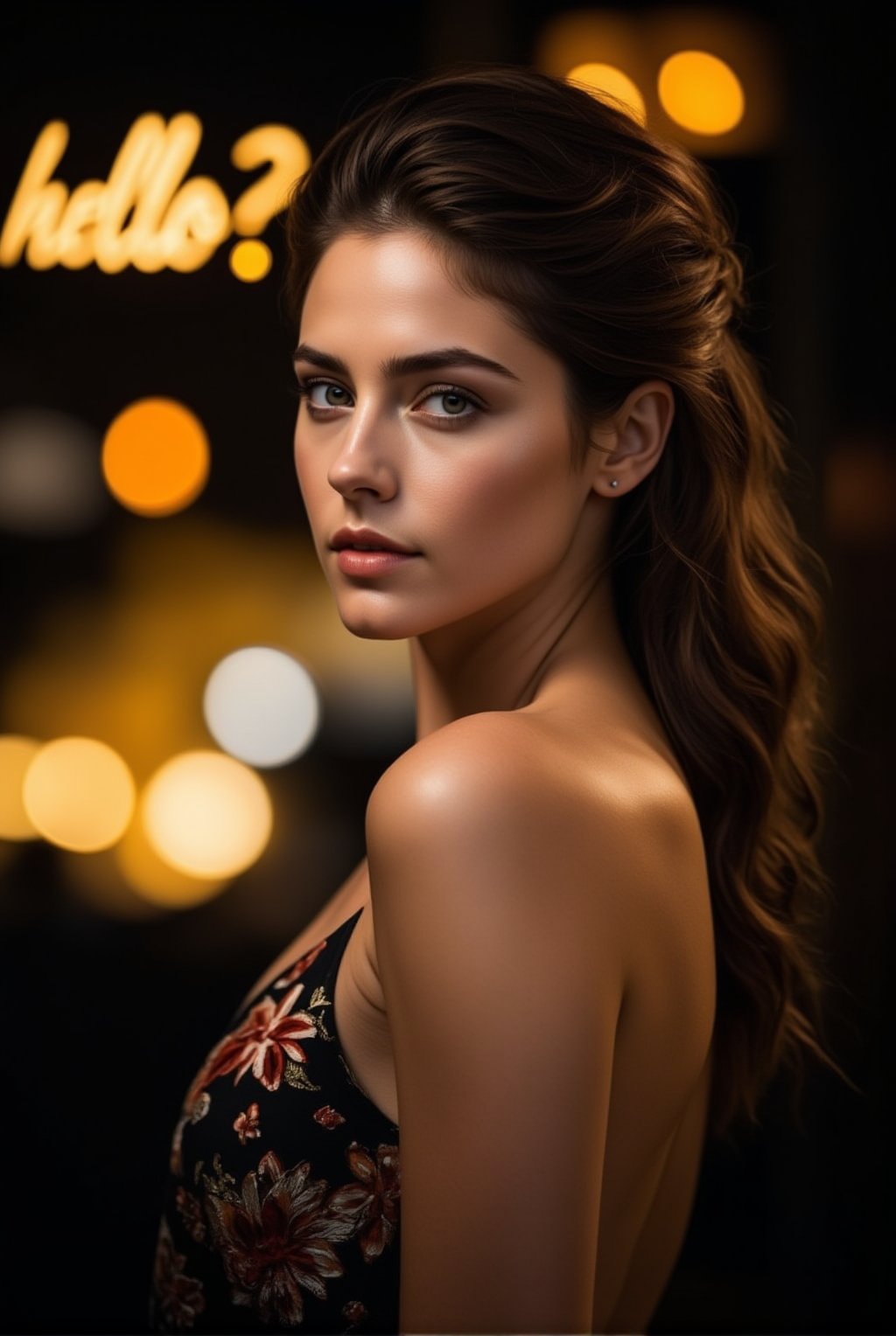 hyper-realistic closeup model portrait,greek woman,backless dress,studio portrait,dramatic,cinematic light,hdr,exquisite face,natural skin,perfectly centered,bokeh,painterly,hyper photorealistic professional photoshoot,round chin no dimple, [gold and black colors], ek_g1rl_02,beauy_ks01,ek_ph0t0_b00ster,ek_art_b00ster,(big word balloon on top saying "hello?":1.3)