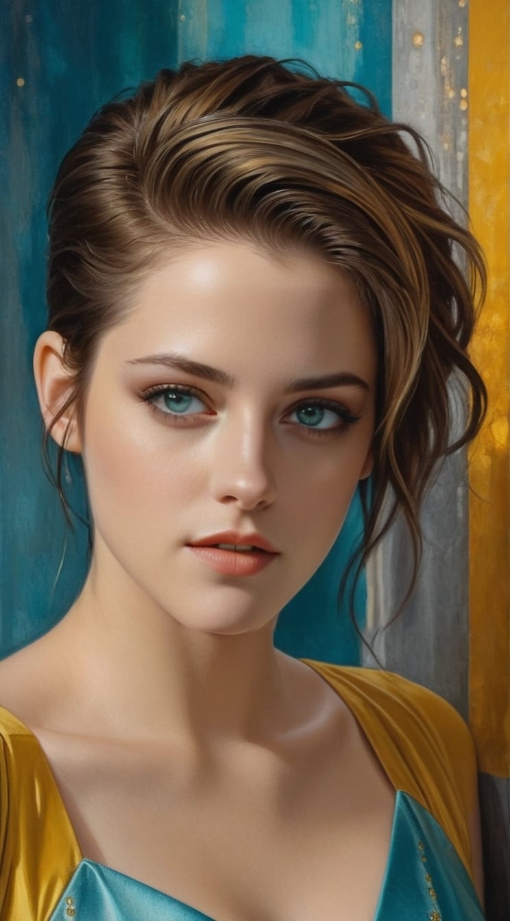 realistic half body portrait of a beautiful woman,alluring neighbor's wife,(Kristen Stewart),body model portrait,clear facial features,perfect body,perfect in every way,playful smirks,seductive eyes,elegant dress,(Turquoise, Baby Blue, Mustard Yellow, Gray colors),rule of thirds,chairoscuro lighting technique,soft rim lighting,key light reflecting in the eyes,bokeh backdrop,painterly,by karol bak and gustav klimt,art_booster,real_booster