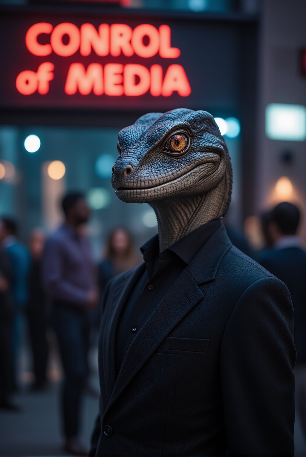 A sleek and imposing reptilian figure, dressed in a sharp suit, stands confidently in front of a crowd. Above it, a glowing neon sign reads 'Conrol of Media,' casting an eerie light on the scene. The reptilian’s true face is hidden behind a smiling human mask, projecting an air of charm and authority. While the onlookers are captivated by the charismatic façade, subtle hints of its true nature peek through—the gleam of scales and cold, calculating eyes just visible at the edges of the mask. This scene captures the eerie contrast between the reptilian overlord's deceptive appearance and its sinister intent, embodying the hidden control exerted over humanity.
BREAK
detailed exquisite face,soft shiny skin,realistic,detailed,sharp focus,high contrast,rule of thirds,depth of perspective,award-winning photo,chiaroscuro lighting,ek_g1rl_02,ek_ph0t0_b00ster