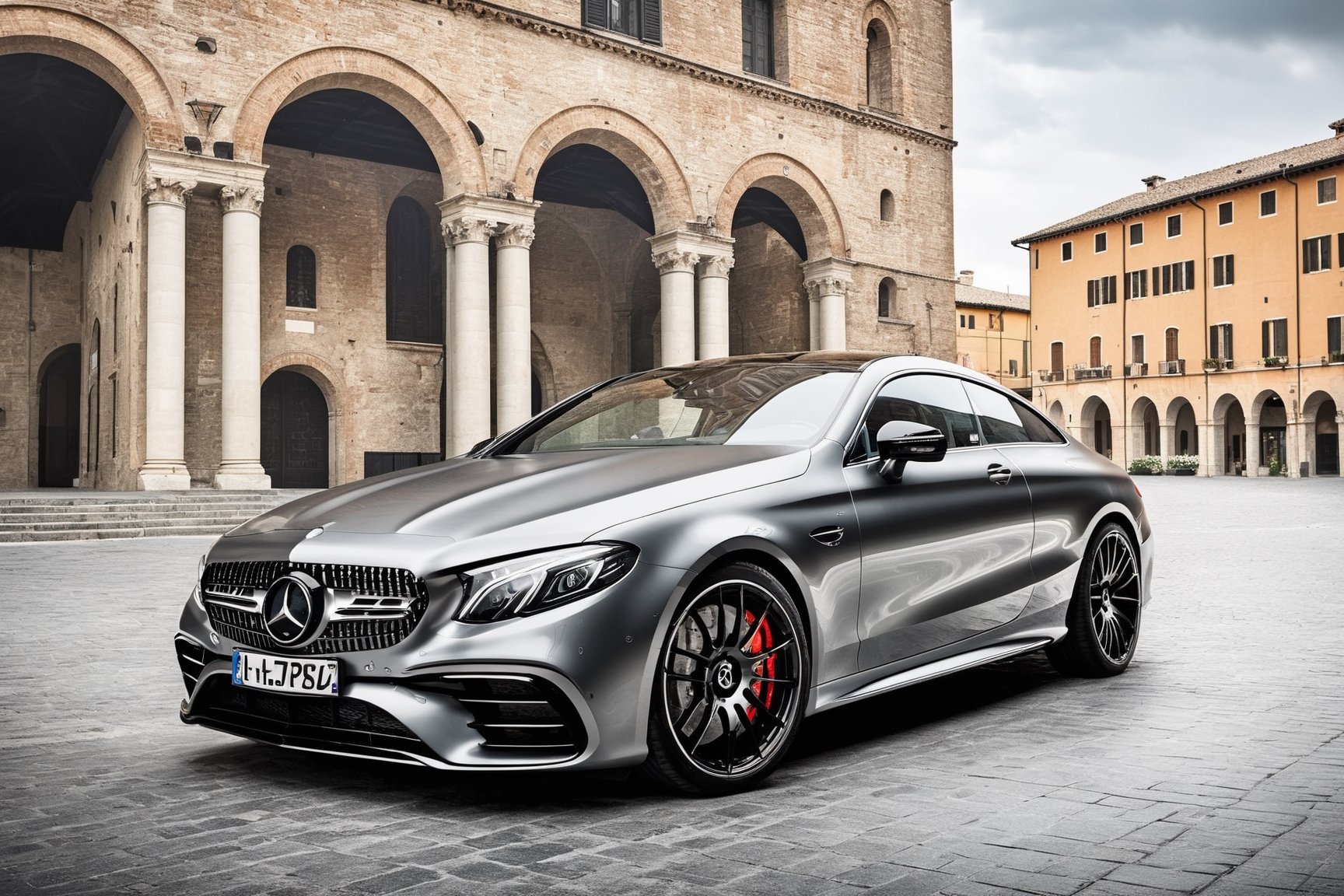 ((Ultra-realistic)) photo of mercedes e53 amg coupe,metallic grey color,shiny spinning wheels,glossy black alloy rims with silver edge,bright turned on head lights
BREAK
[backdrop of (a medieval plaza in Italy), 14th century, (golden ratio), (medieval architecture), (mullioned windows), (brick wall), (tower with merlons), overlooking the plaza],vehicle focus,(wide shot),random angle view
BREAK
rule of thirds,depth of perspective,studio photo,trending on artstation,perfect composition,(Hyper-detailed,masterpiece,best quality,UHD,HDR,32K,sharp focus,high contrast,kodachrome 800:1.3),H effect,photo_b00ster, real_booster,more detail XL,itacstl