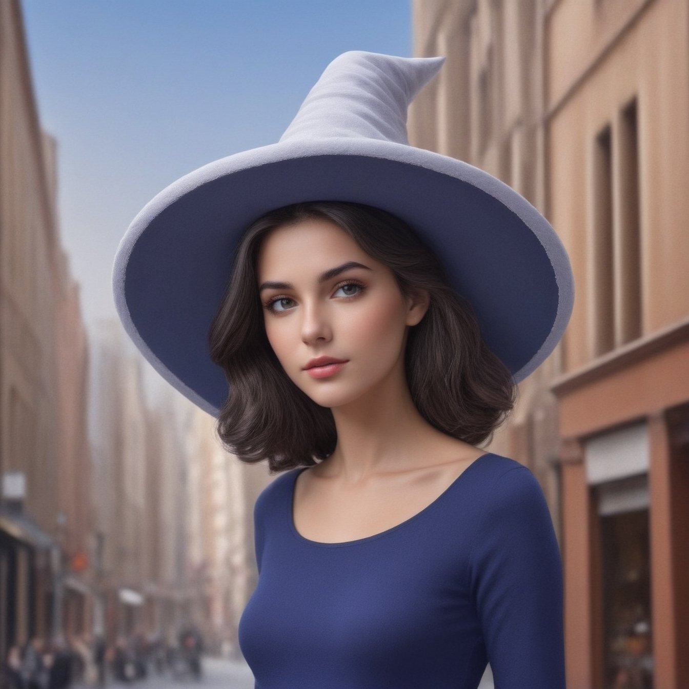 ((Ultra-Detailed)) portrait of a girl (wearing a witchhat:1.5),spanish girl,standing in a busy shoppping street,1 girl,20yo,detailed exquisite face,soft shiny skin,playful smirks,detailed pretty eyes,glossy lips 
BREAK
(backdrop:ultra-detailed shopping street in a big city,people,cars,blue sky,cloud)
BREAK 
(sharp focus,high contrast),studio photo,trending on artstation,(ultra-realistic,Super-detailed,intricate details,HDR,8K),chiaroscuro lighting,vibrant colors,by Karol Bak,Antonio Lopez,Gustav Klimt and Hayao Miyazaki,
inkycapwitchyhat,real_booster,photo_b00ster,art_booster,ani_booster