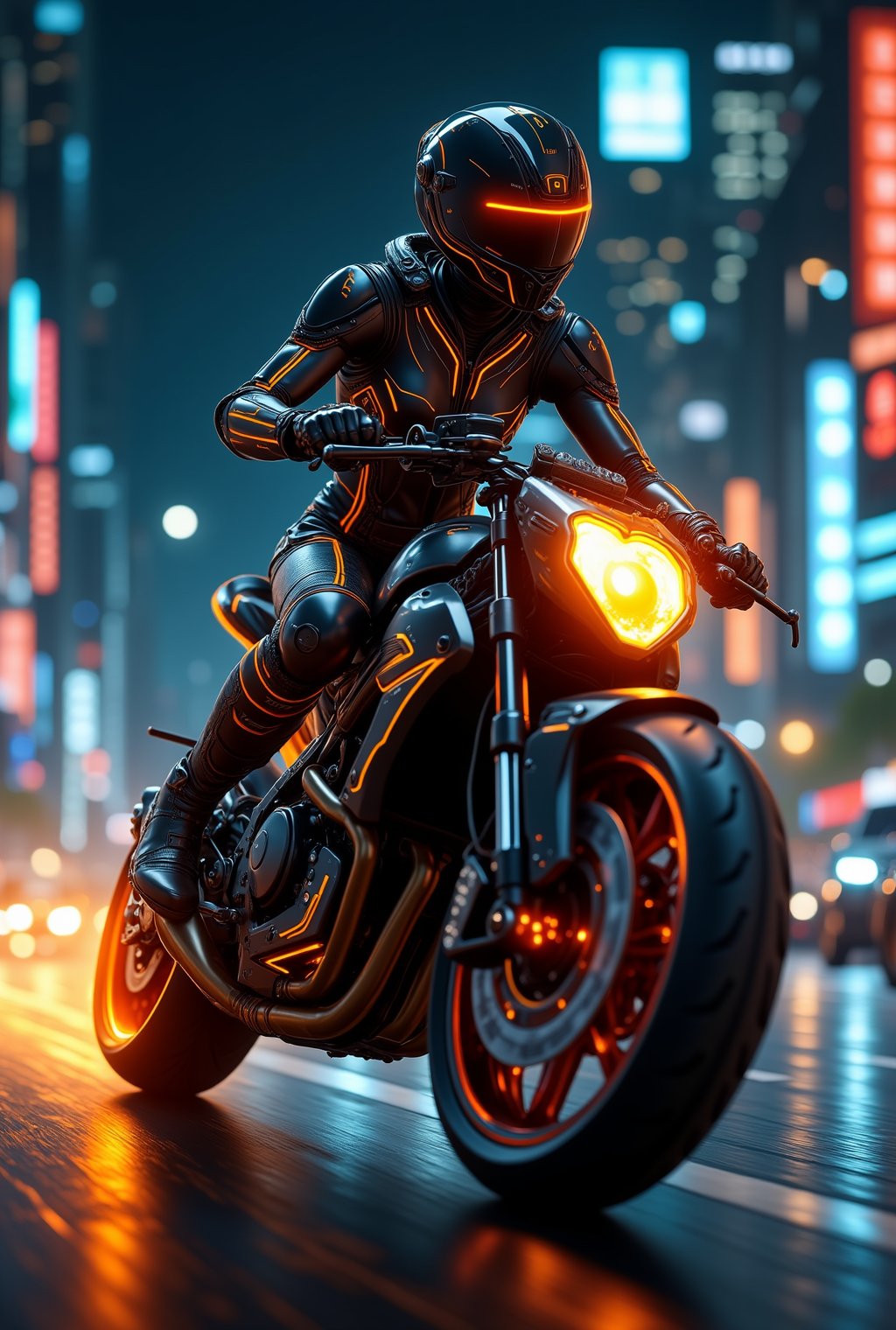 A captivating cyborg girl speeding through the illuminated streets of a futuristic city at night, her sleek motorcycle cutting through the darkness. She wears a form-fitting, black cyborg suit with intricate armor panels and flexible segments that allow for seamless movement. The suit is adorned with glowing orange neon lights, which pulse in rhythmic patterns, tracing along her arms, legs, and torso like streams of molten energy.

Her helmet is a perfect blend of style and technology, with an orange-lit visor that displays data overlays and glows against the city’s vibrant backdrop. The orange neon accents run along the seams and joints of the suit, highlighting its advanced design and her every movement, creating a dynamic, fiery effect as she weaves through traffic.

As she leans into a turn, the orange lights flare brightly, contrasting sharply against the black suit and the dimly lit streets, leaving a trail of amber light behind her. The city around her is a kaleidoscope of colors, but her figure stands out, a striking blend of technology and human agility, emanating a fierce, modern energy.
realistic,detailed,sharp focus,high contrast,masterpiece,best quality,trending on artstation,rule of thirds,depth of perspective,chiaroscuro lighting.ek_ph0t0_b00ster