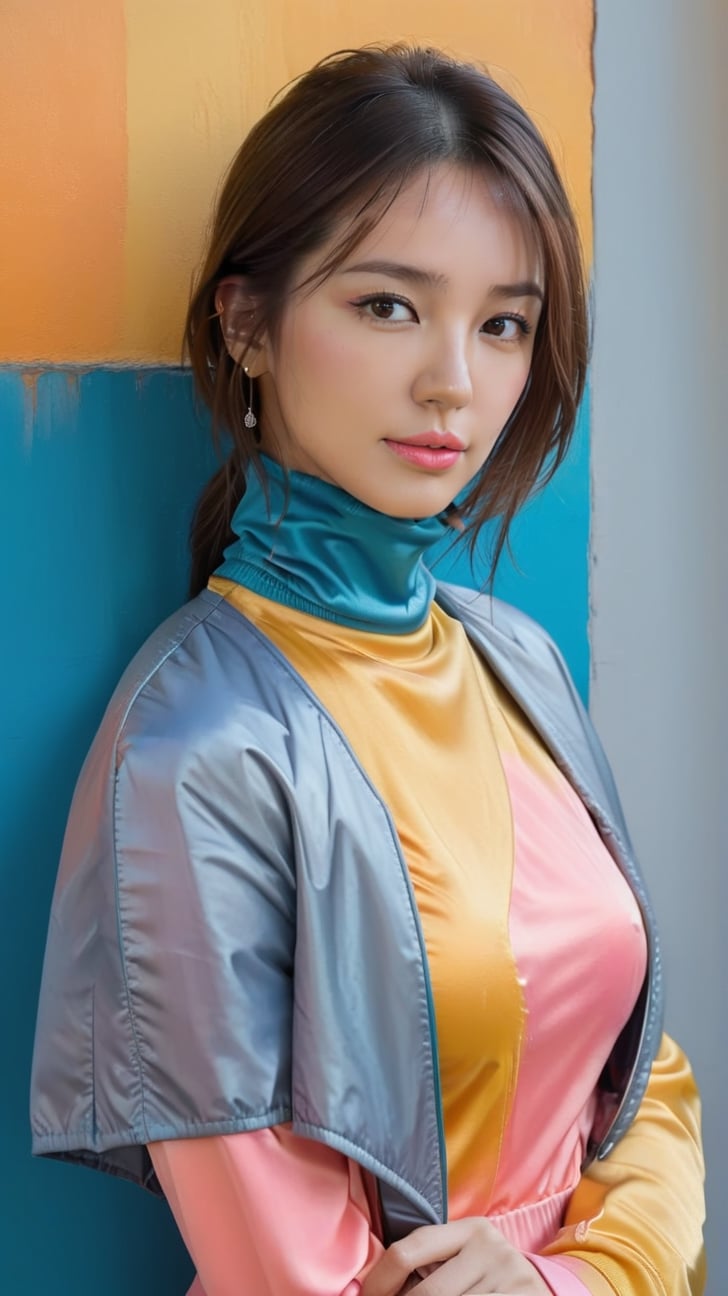 realistic half body portrait of a beautiful woman,alluring neighbor's wife,23yo,body model portrait,clear facial features,soft shiny skin,perfect body,perfect in every way,playful smirks,seductive eyes,elegant jacket on (turtleneck) shirt,(Marigold Yellow, Turquoise Blue, Coral Pink, Gray Sky color),rule of thirds,chiaroscuro lighting,soft rim lighting,key light reflecting in the eyes,city backdrop,art_booster, real_booster,3un