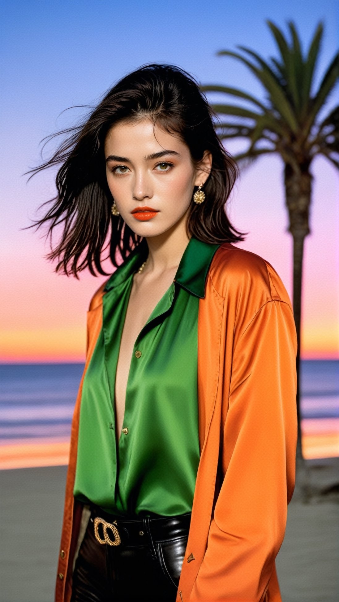 Hyper-Realistic photo of a girl standing on a beach at night,20yo,1girl,solo,Sean Young \(in Blade Runner\),detailed exquisite face,detailed soft shiny skin,lips,smile,perfect female form,model body,looking at viewer,disheveled long black hair blowing,[Red Orange and Tear Green color],elegant jacket and shirt,chanel,prada,close up
BREAK
backdrop of beautiful ocean beach,palm tree,harbor city,lights,car,cluttered maximalism
BREAK
(rule of thirds:1.3),perfect composition,studio photo,trending on artstation,depth of perspective,(Masterpiece,Best quality,32k,UHD:1.4),(sharp focus,high contrast,HDR,hyper-detailed,intricate details,ultra-realistic,award-winning photo,ultra-clear,kodachrome 800:1.3),(chiaroscuro lighting:1.3),by Antonio Lopez, Diego Koi, Karol Bak and Hayao Miyazaki,photo_b00ster, real_booster,art_booster