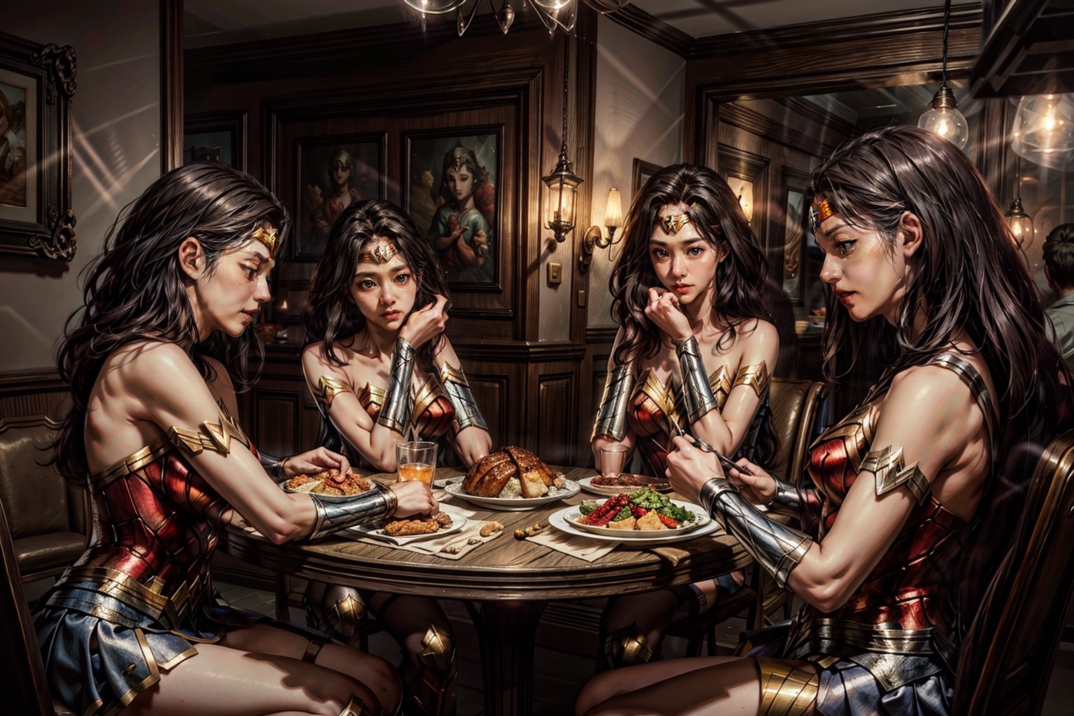 four wonder woman sisters having thanksgiving dinner together at beautiful restaurant,chattering,smile,happy family,by artgerm BREAK (masterpiece, best quality, ultra-detailed, 8K),moody lighting,wonder_woman,koh-yunjung,High detailed 