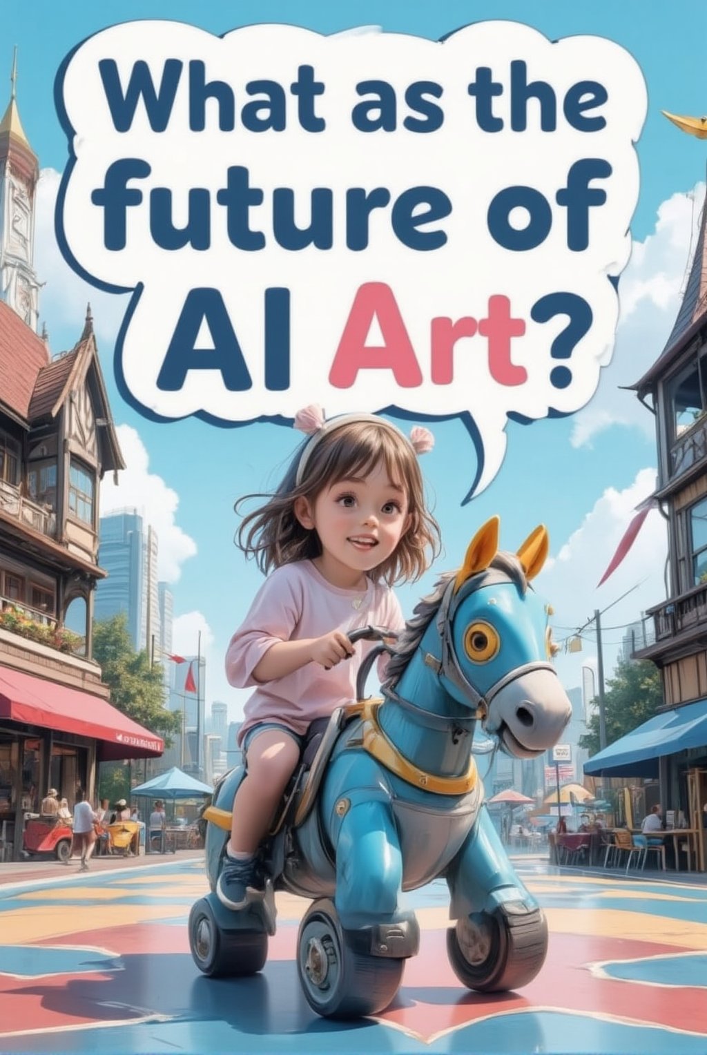 An anime of a cute girl saying "What is the future of AI Art?" in a big word bubble.big smile.riding a toy horse in a playground,beauy_ks01,disney-pixar style,ek_an1_b00ster,acryli painting