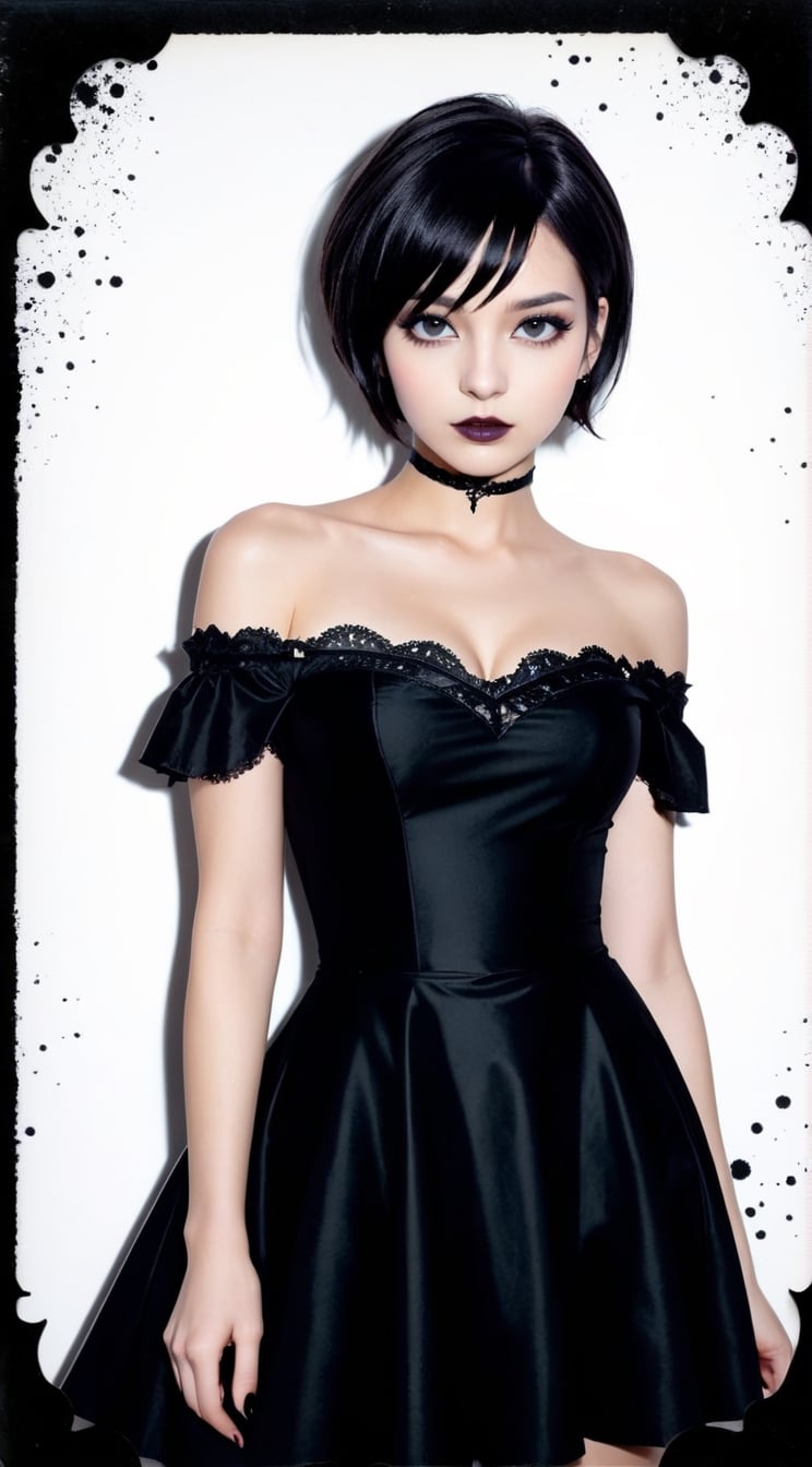 Ink background, black silhouette of gothic girl, edges, short hair, off-shoulder dress, polaroid effect, high detail, high contrast