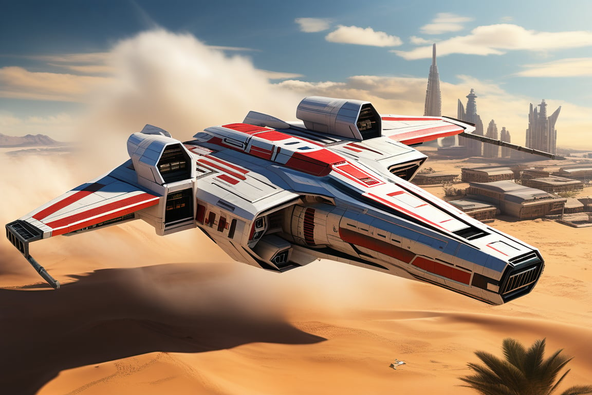 A realistic photo of starship x-wing starfighter in Star Wars universe,red striped body,parked on ground with ((stands)) on desert,wings folded,laser cannons at each wing tip,engines located at wing root,
backdrop:desert,sand,palm tree,,sky,cloud,cityscrapes,front left view,R2 D2 walking around next to the ship,
ek_starsh1p,ek_xw1ng,ek_xwf1