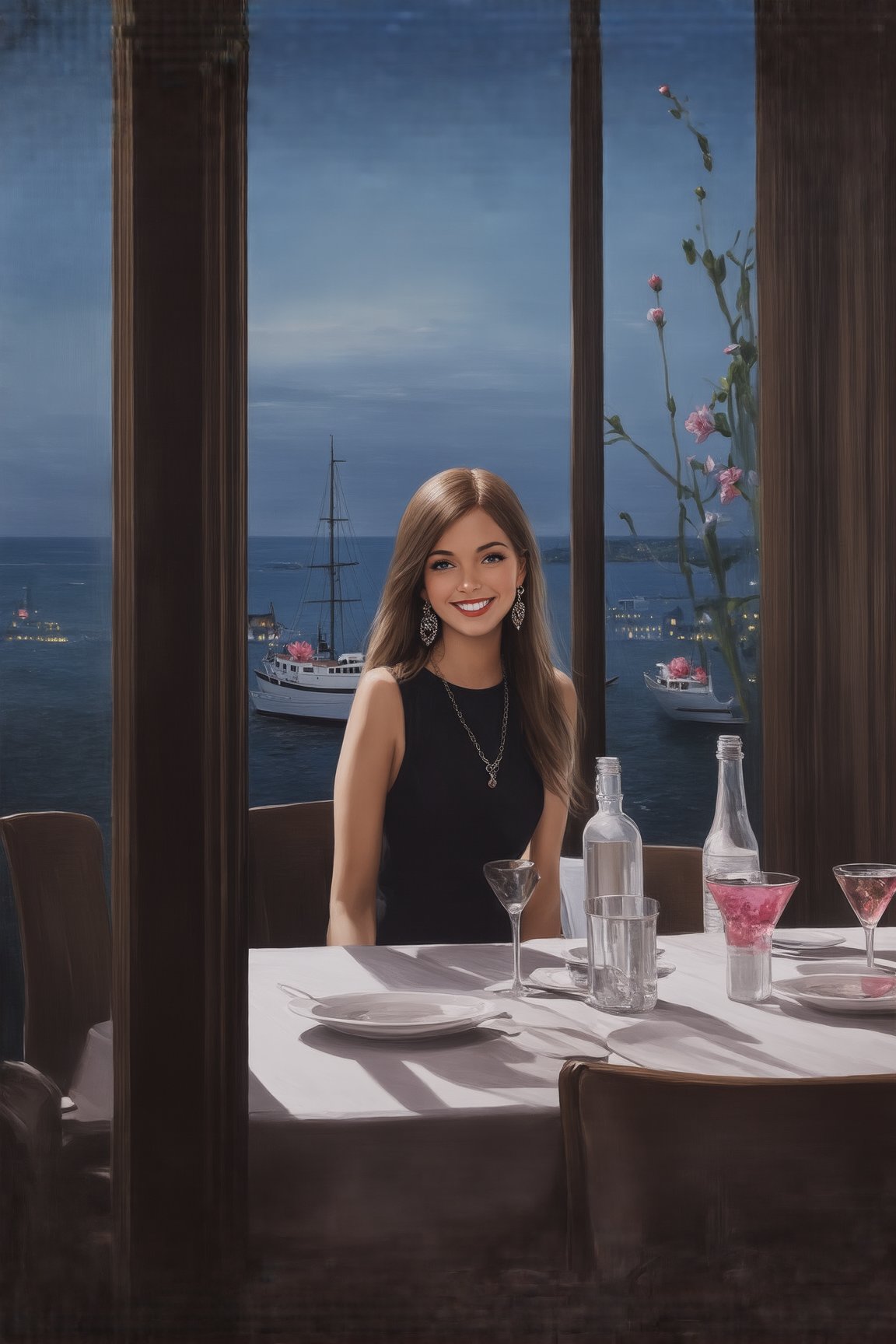 a girl sitting in a cafe,20yo,1girl,elegant dress,smile, long hair flowing on her shoulder naturally,small earrings, necklaces,(Pink and White colors),Jessica ALba lookalike,(dark)
BREAK
backdrop:ocean view cafe,cocktail,bottle,window,flower,at night,cluttered maximalism

settings:(rule of thirds:1.3),perfect composition,depth of perspective,(masterpiece,best quality,detailed,realistic), chiaroscuro lighting
BREAK
by Antonio Lopez,Diego Koi,David Parrish,Canaletto and Edward Hopper,ek_real_b00ster,ek_art_b00ster,ek_ani_b00ster