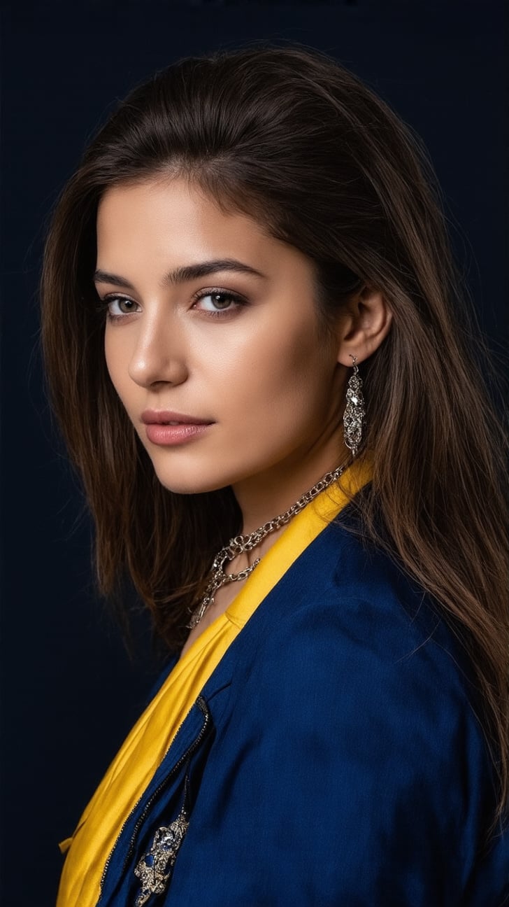 ((Hyper-Realistic)) upper body photo of a beautiful girl,(20yo),1 girl,solo,detailed exquisite face,soft shiny skin,French girl,long brunette hair flowing over her shoulder naturally,perfect female form,playful smirks,mesmerizing,earrings,necklace,elegant jacket,cobalt blue and yellow color,night,(dark:1.2) background,cluttered maximalism
BREAK
settings:(rule of thirds),perfect composition,depth of perspective,(masterpiece,best quality,32K,UHD 32K,HDR,untra-detailed,intricate details,hyper-realistic,Kodachrome 800:1.2),(chiaroscuro lighting:1.2)
BREAK
(by Antonio Lopez,Diego Koi,David Parrish,Sebastiao Salgado and Steve McCurry), ek_real_b00ster,ek_art_b00ster,ek_ani_b00ster,ek_photo_booster