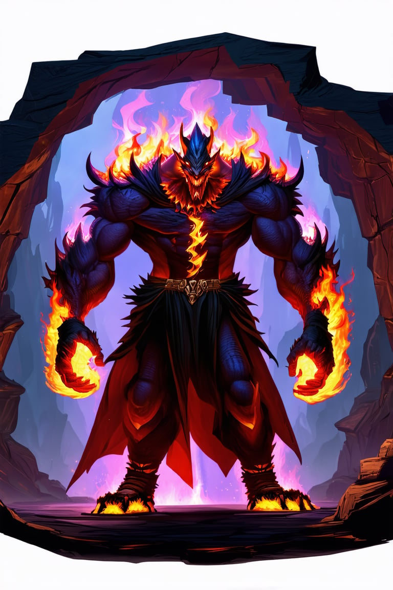 An evil man stands in a ((dark)) cave. He uses magic spell and turns into the fire monster \(ek_ge1frt\),
,fire elemental effect, ek_game_3ffect,realistic,