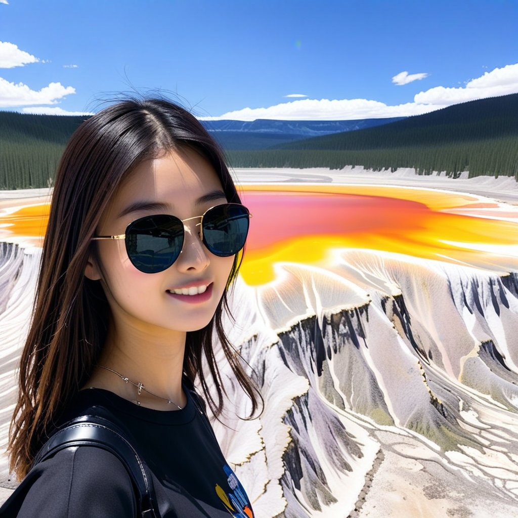 realistic photo of a beautiful Japanese girl standing in Grand Prismatic Spring of Yellowstone,20yo,sunglasses,detailed face,model body,looking at viewer,playful smirks,detailed hair blowing,vibrant colors,elegant urban fashion,upper body focus
BREAK
backdrop:detailed photo of Grand Prismatic Spring \(grandpr1smat1c\) in Yellowstone,1 spring,
 BREAK 
rule of thirds,studio photo,detailed,realistic,cinematic lighting,Ye11owst0ne,grandpr1smat1c