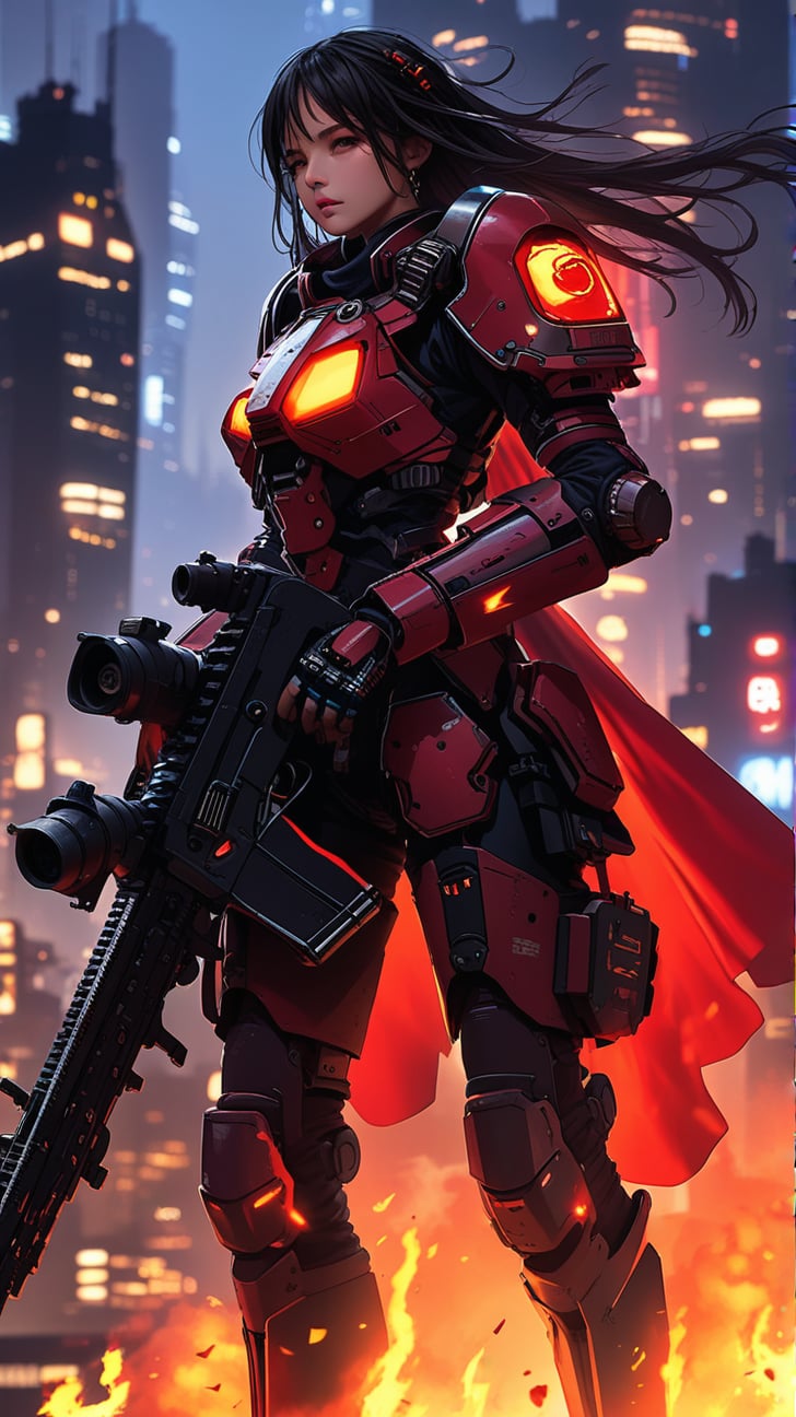 a girl in armor suit \(ek_g4k\),holding rifle,warhammer 4K style,ek_game_3ffect,dynamic pose,simple background,blurry futuristic city background,smoke,dynamic angle,anime style by ghibli,detailed,ek_ph0t0_b00ster,ek_an1_b00ster,at night,dark