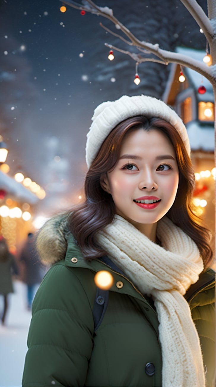 Create AI art portraying the beautiful woman in a Christmas setting, a snowy park adorned with twinkling lights and festive decorations. 23yo. Picture her strolling along a path surrounded by glistening snow, with the soft glow of holiday lights casting a warm and magical ambiance. The scene should evoke a sense of tranquility and joy, capturing the essence of a peaceful Christmas moment in a charming winter landscape.kwon-nara