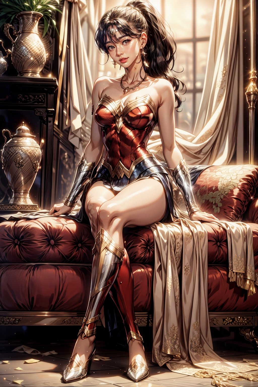 Korean wonder_woman sitting on luxury mansion couch, (smile), dark brown eyes, (looking at viewer), sexy pose, (full body), slim waist big hips, natural huge breasts, detailed exquisite face, (masterpiece, best quality, ultra-detailed, 8K, realistic, intricate, photography, rule of thirds):1.2,  cinematic lighting, high ponytail, eyeliners, glossy lips, glossy skin, earrings, necklaces, 
1girl ,kwon-nara